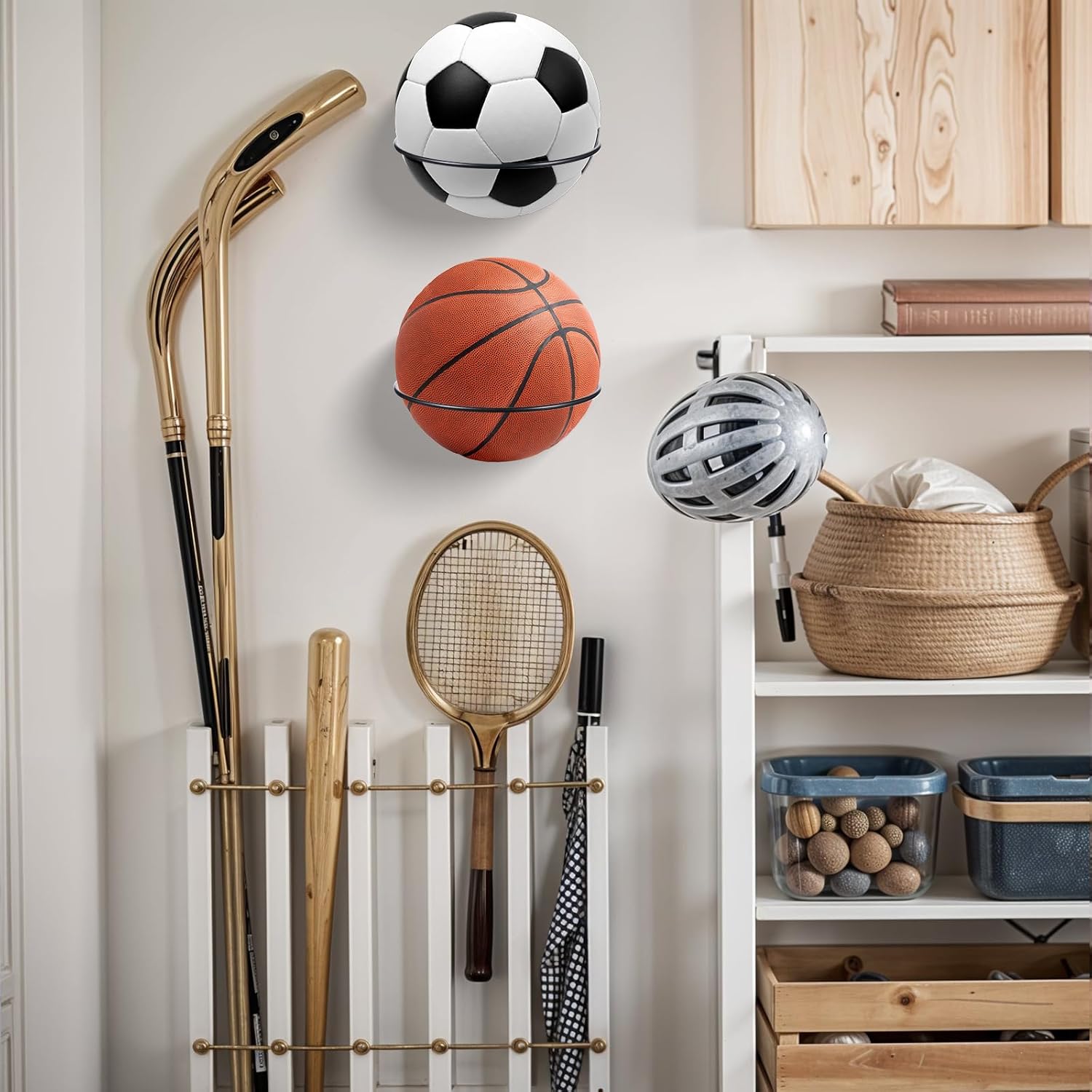 7pcs Basketball Holder Wall Mount, Sports Ball Holder Wall Mount Ball Storage Display Rack - Universal Balls Rack for Basketball, Soccer, Football, Volleyball