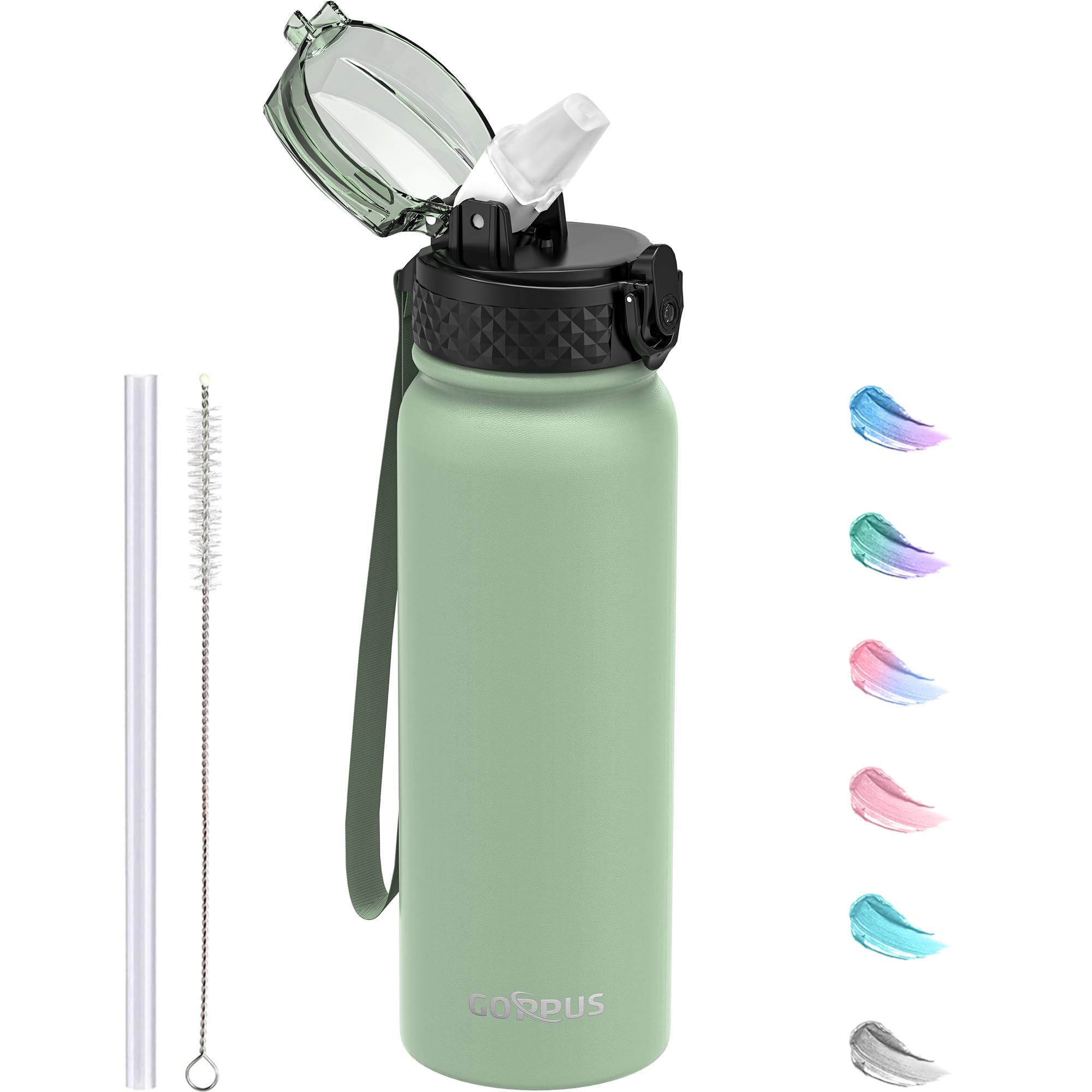GOPPUS 600ml/20oz Stainless Water Bottle with Straw Double Wall Insulated Bottles with Strap One Hand Open Vacuum Thermal Flask Leakproof Keep Cold Bottles with Flip Top Lid BPA Free (Sage Green) — image 1