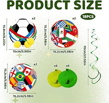 18 Piece World Cup Decorations 2026, Football Party Decorations for World Cup, Hanging Swirl Set with Football Cards and Green Spiral Streamers for Home Decor