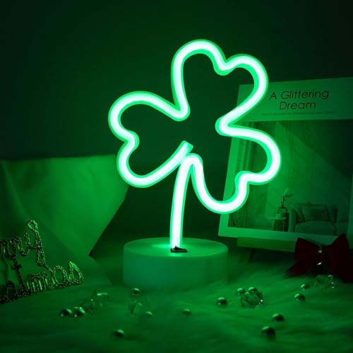 Miniatura 2 de ENUOLI Luces de Letreros LED de Neón con Forma de Trébol Verde, Luz Nocturna de Neón Alimentada por USB y Batería, Lámpara Nocturna, Mejores Luces