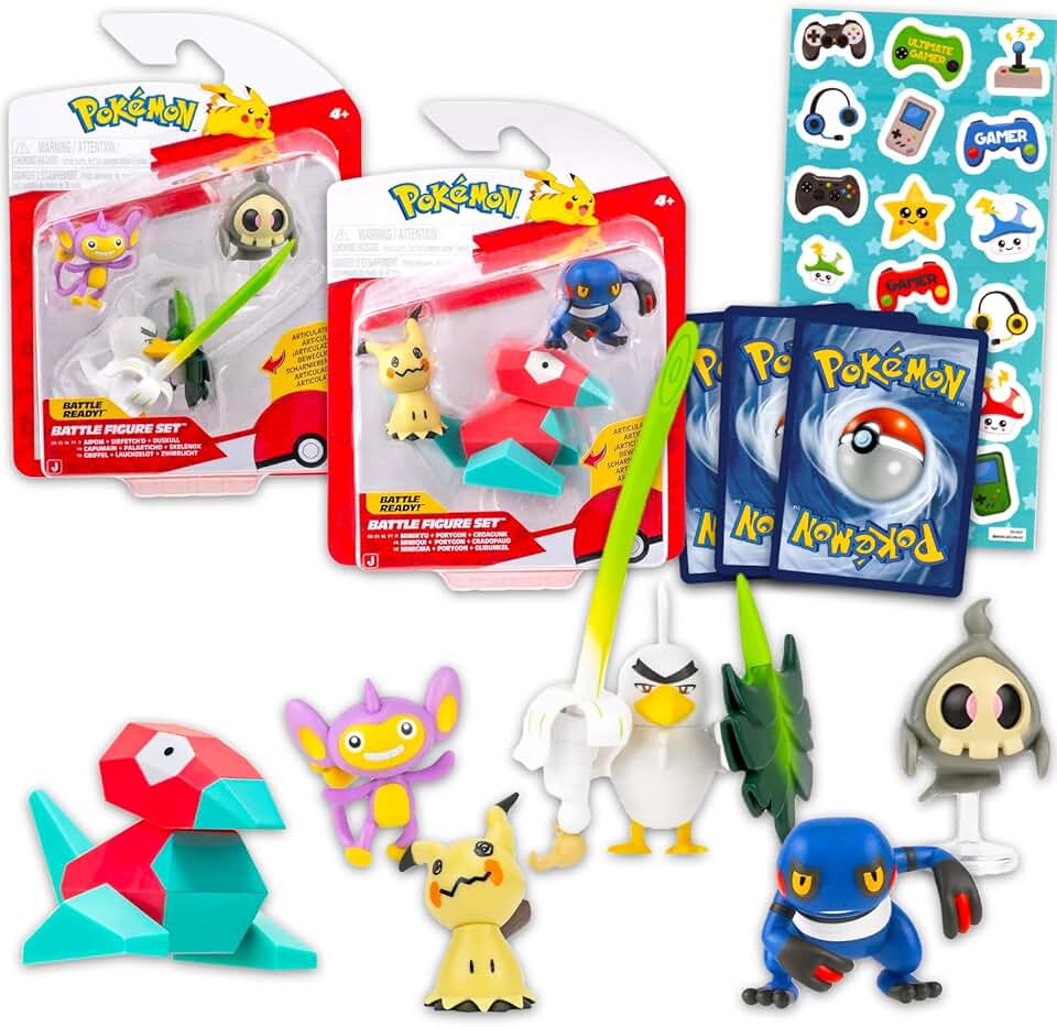 兒童精靈寶可夢戰鬥玩偶 – 套裝包含 6 個迷你玩偶，包括 Croagunk、Mimikyu、Porygon、Duskull、Aipom、Sirfetched Plus 貼紙 |兒童、男孩精靈寶可夢動作玩偶套裝
