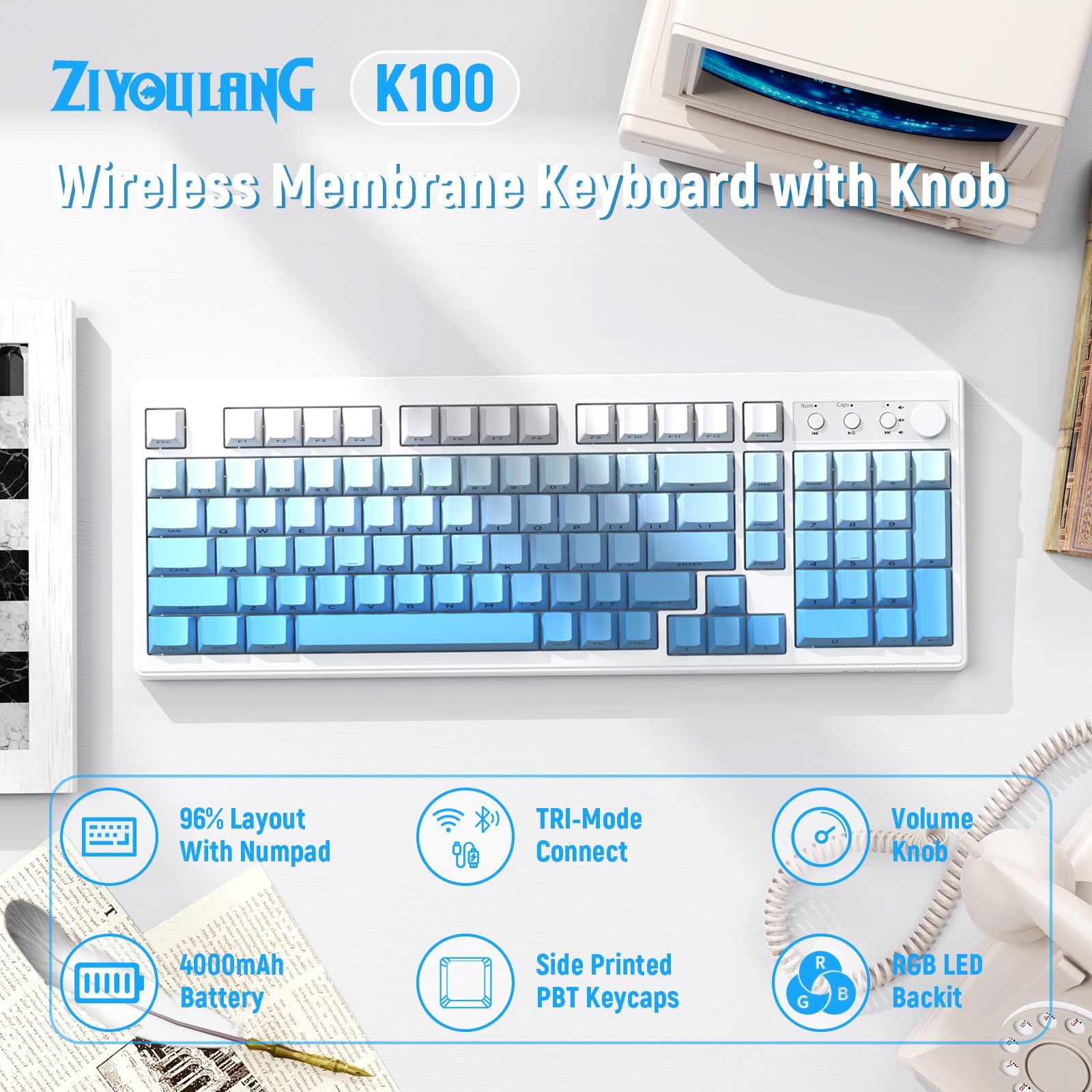 ZIYOU LANG K100 Teclado Gaming Inalámbrico Layout US, Conexión Tri-Modo (BT/2.4G/Cable) Teclado de Membrana con Perilla, 102 Teclas PBT Gradiente, 4000mAh RGB Backlit, para PC/Mac - Azul Glaciar
