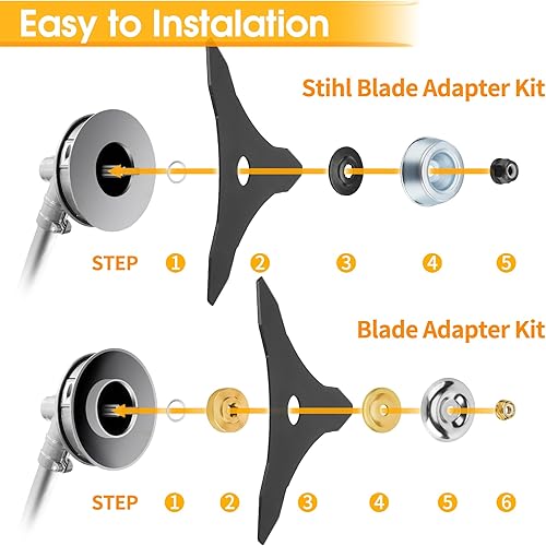 Miniatura 5 de Cuchilla de repuesto de acero al carbono de 10 x 3 dientes, cuchillas de repuesto para cortacésped con 2 kits de adaptadores diferentes, compatible
