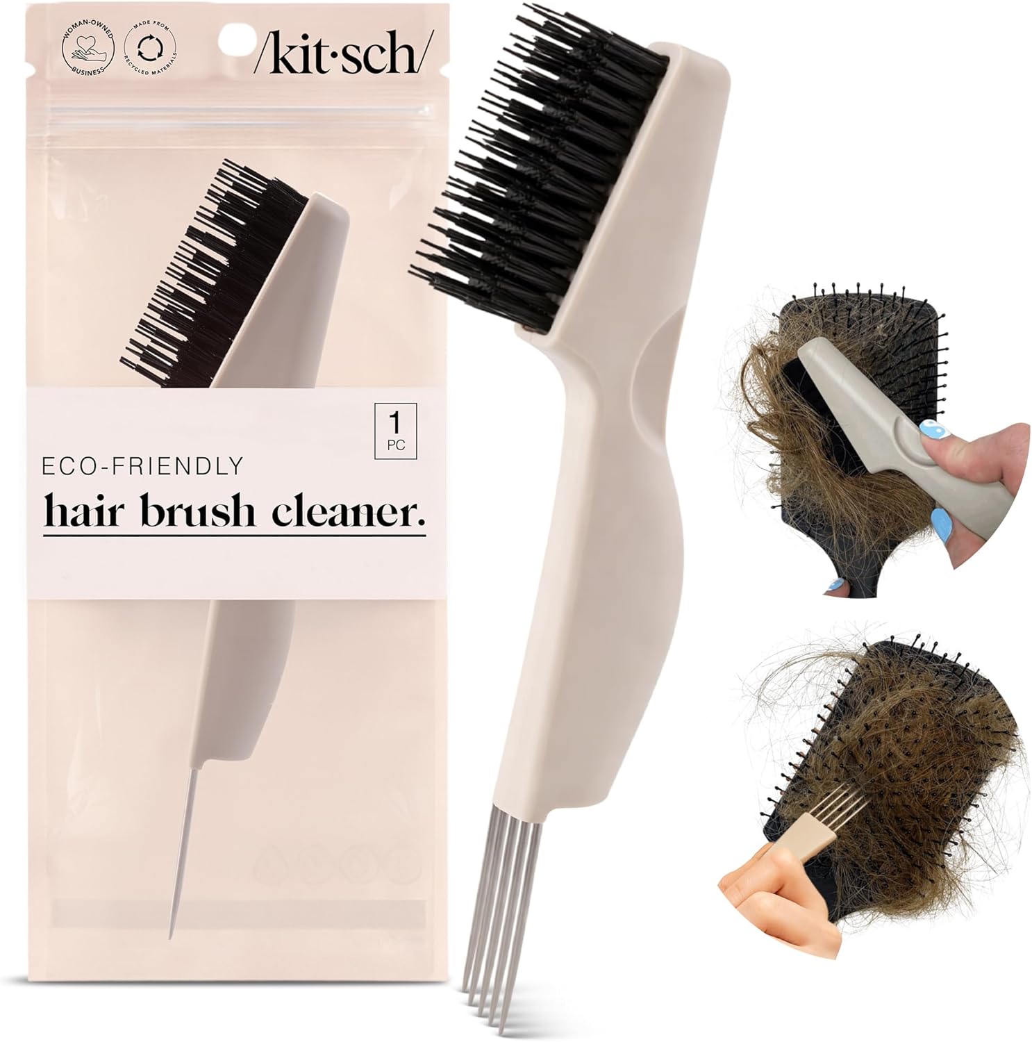 Kitsch Hair Brush Cleaner Tool | Double-Sided 2-in-1 Brush Cleaner for Hair Brushes & Combs | Eco-Friendly Cleaning Tool with Pick & Bristles, Perfect Gifts for Women | Hair Stylist Essentials