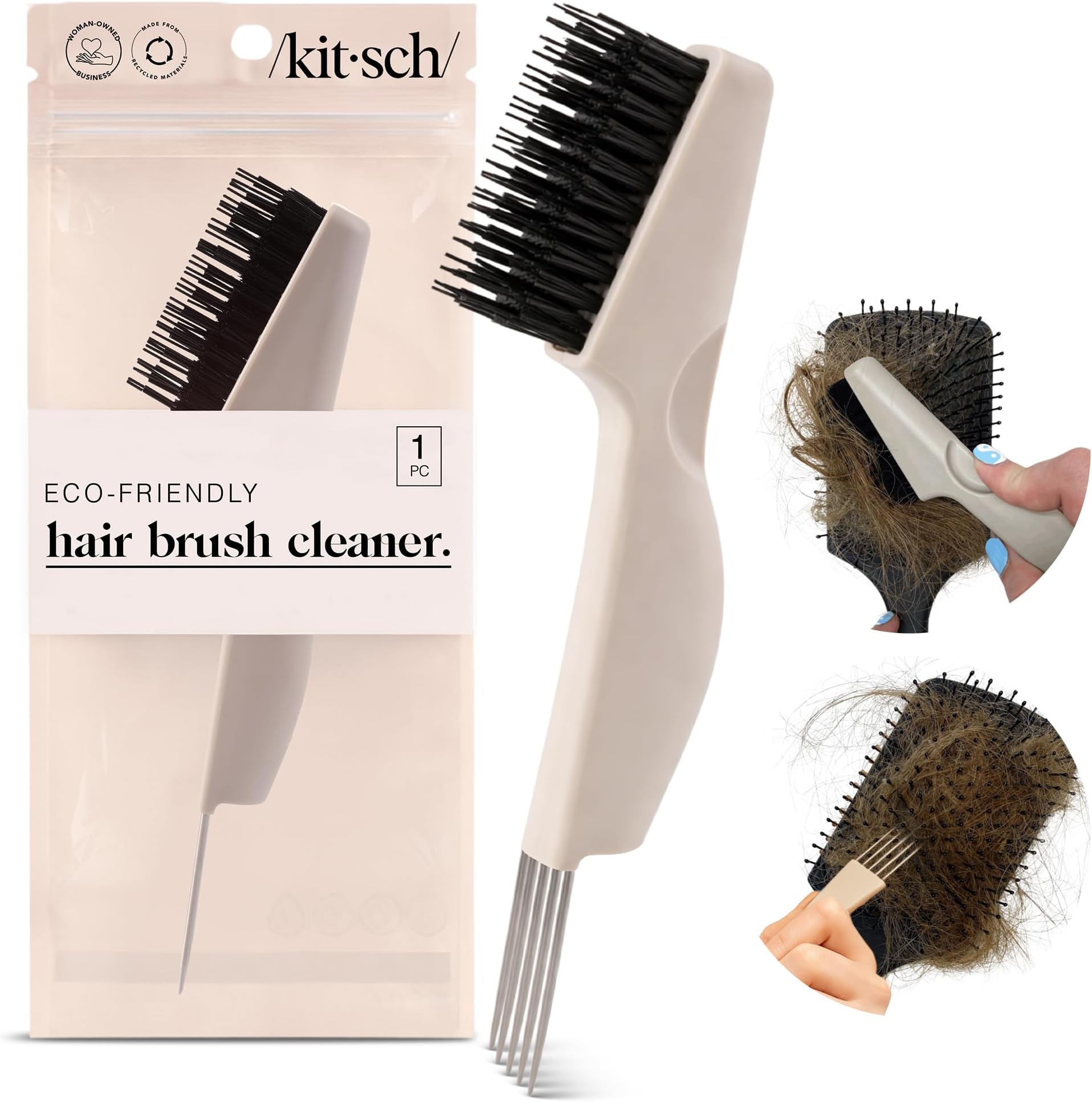 Kitsch Hair Brush Cleaner Tool | Double-Sided 2-in-1 Brush Cleaner for Hair Brushes & Combs | Eco-Friendly Cleaning Tool with Pick & Bristles, Perfect Gifts for Women | Hair Stylist Essentials