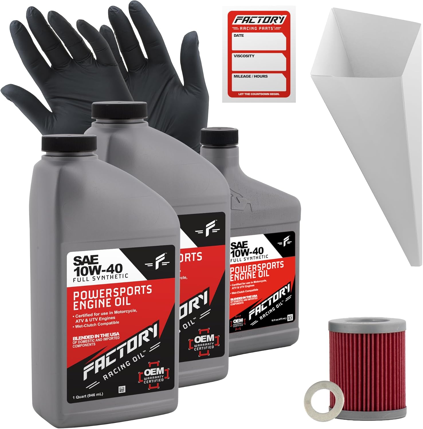 Factory Racing Parts Oil Change Kit compatible with Suzuki LT230, LT-F230, LT-F250 – Includes 2.5 Quarts of 10W-40 Full Synthetic Oil, 1 Filter, 1 Crush Washer, 1 Funnel, 1 Oil Change Reminder Sticker