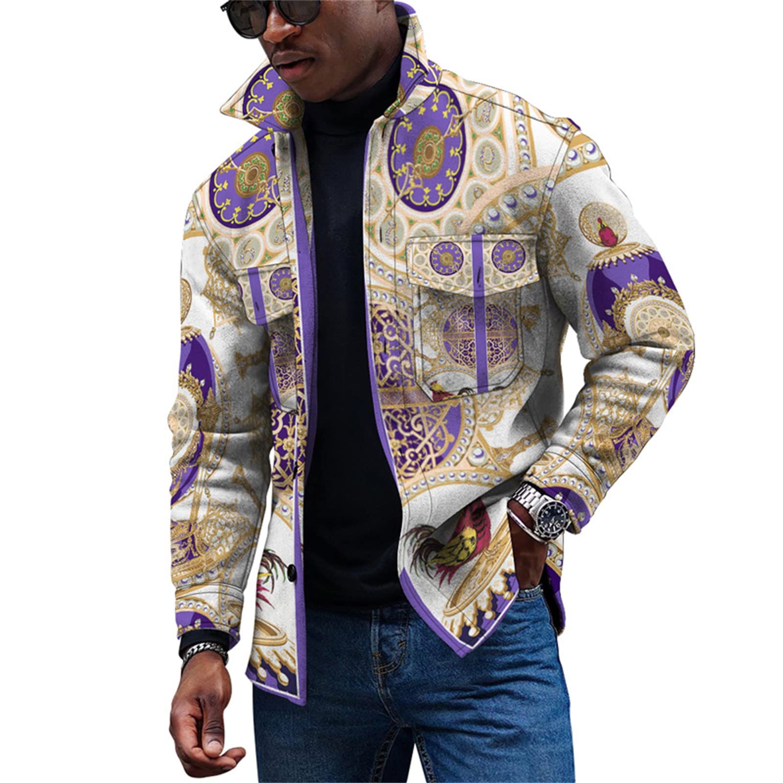KONG JIMFAN Herren Jacke,Button College Jacke Lapel Motorradjacke Printing Windbreaker Unterhemden Taschen Leicht Tops Sport Oberteile Herbst Herbstjacke Cardigan Lange Ärmel Oversized Tshirt
