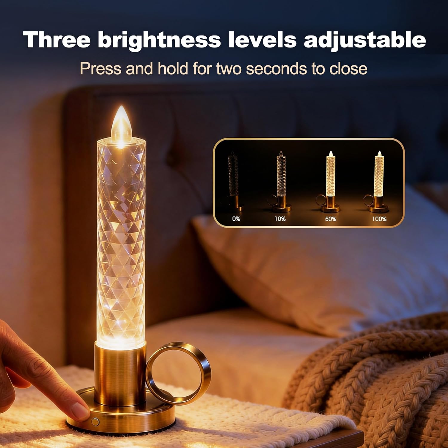 JandCase Flameless Candles Set, Rechargeable Pillar Candles Battery Operated, LED Acrylic Crystal Tapered Candle, 0.4W Dimmable Small Cordless Table Lamp for Valentines Wedding Centerpiece Decorations