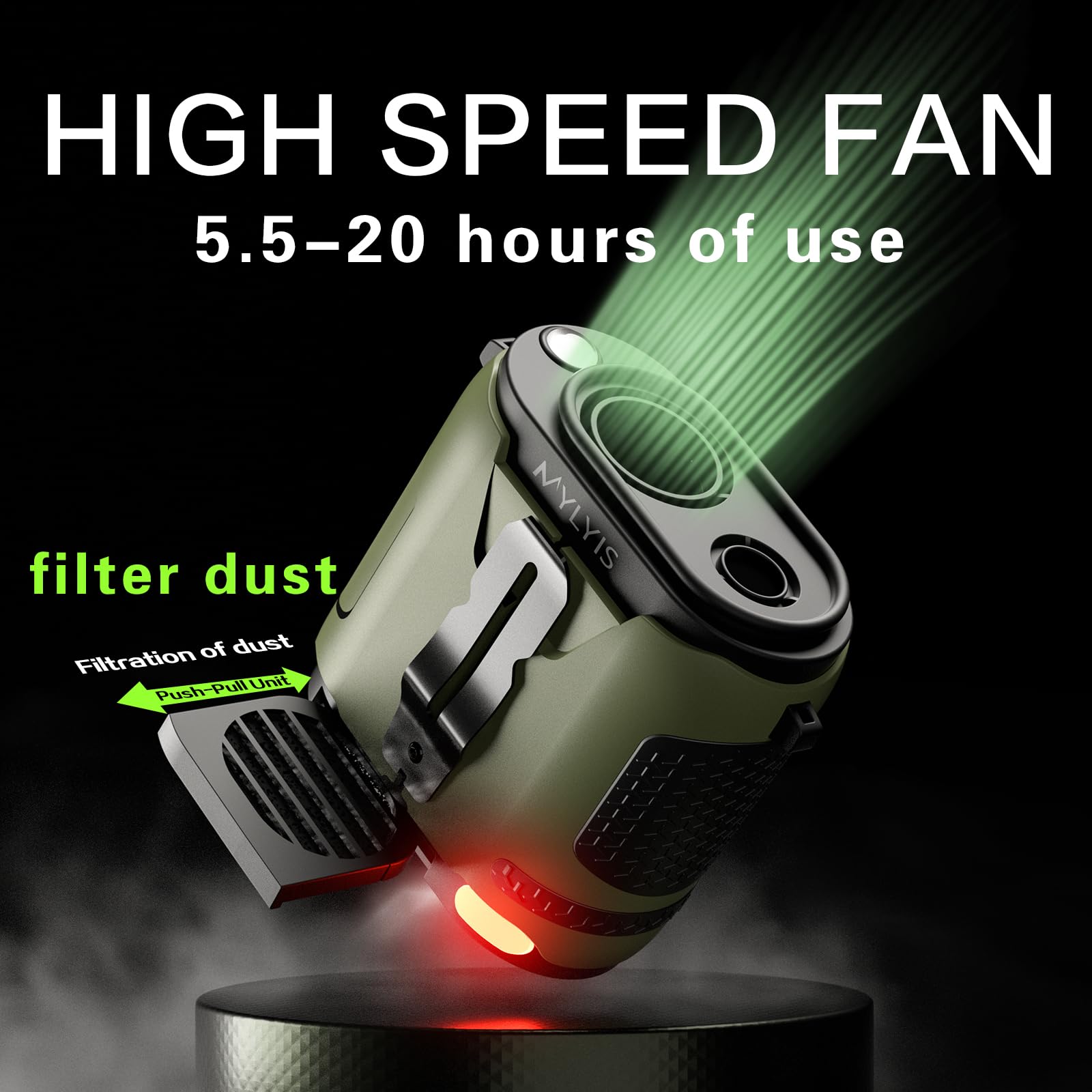 Redreco Portable waist fan - upgraded version Double light flashlight + warning light, high wind 15000 rpm, with dust filter, personal wear hanging fan, suitable for outdoor camping, cycling cooling