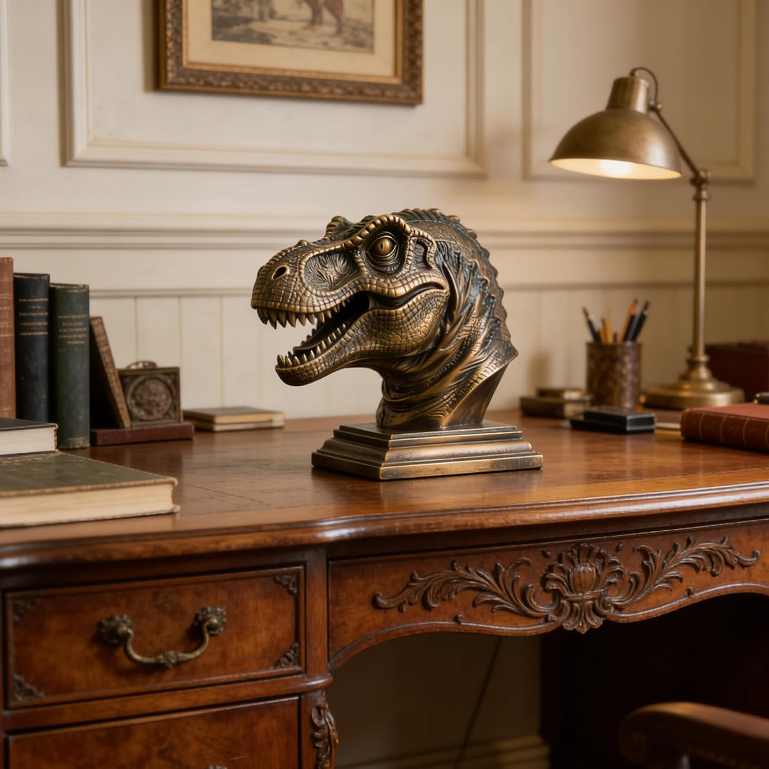 XINDAM Resin Tyrannosaurus Rex Dinosaur Head Bust Statue Decorative Home & Office Resin Figurines Home Office Display Craft Living Room Decor Ornaments for Tabletop Bronze