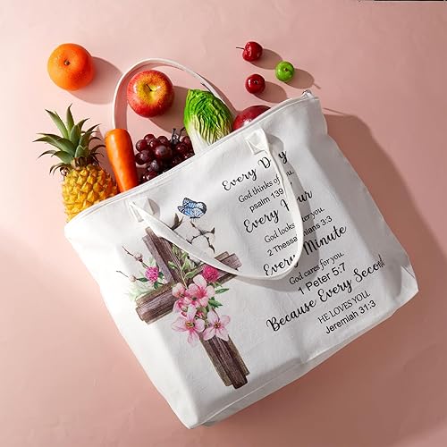 Miniatura 4 de Abbylike Bolsa de lona de girasol de regalo cristiano de 2 piezas con bolsa de maquillaje, versículo de la Biblia, bolsa religiosa para regalo de