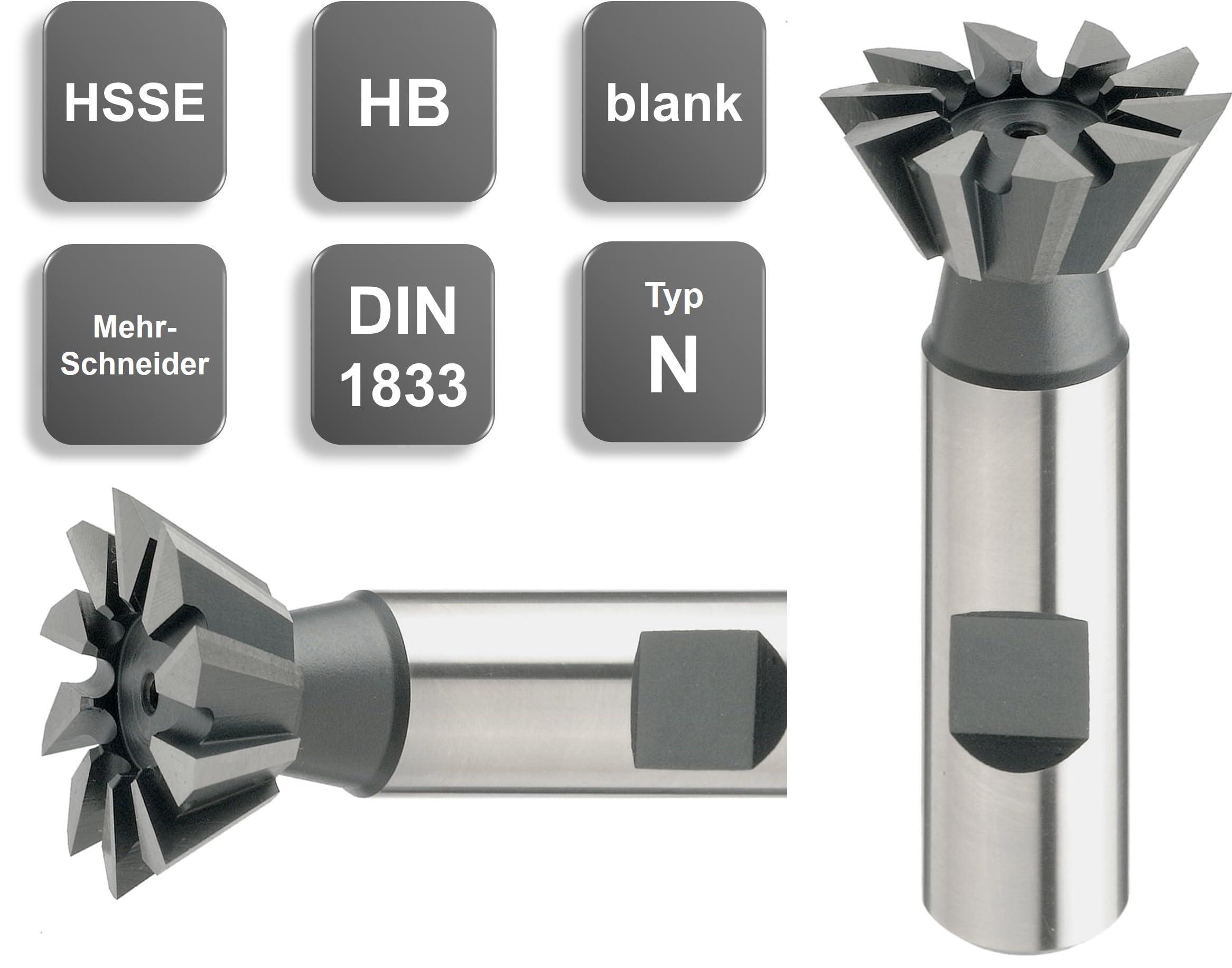 HSSE-Winkelfräser 16 bis 32 mm 45°-80°, DIN 1833, Z=10 / Z=12, TOP & NEU - Typ N, Größe: 16,0 x 6,3 x 60-12 mm - 60°