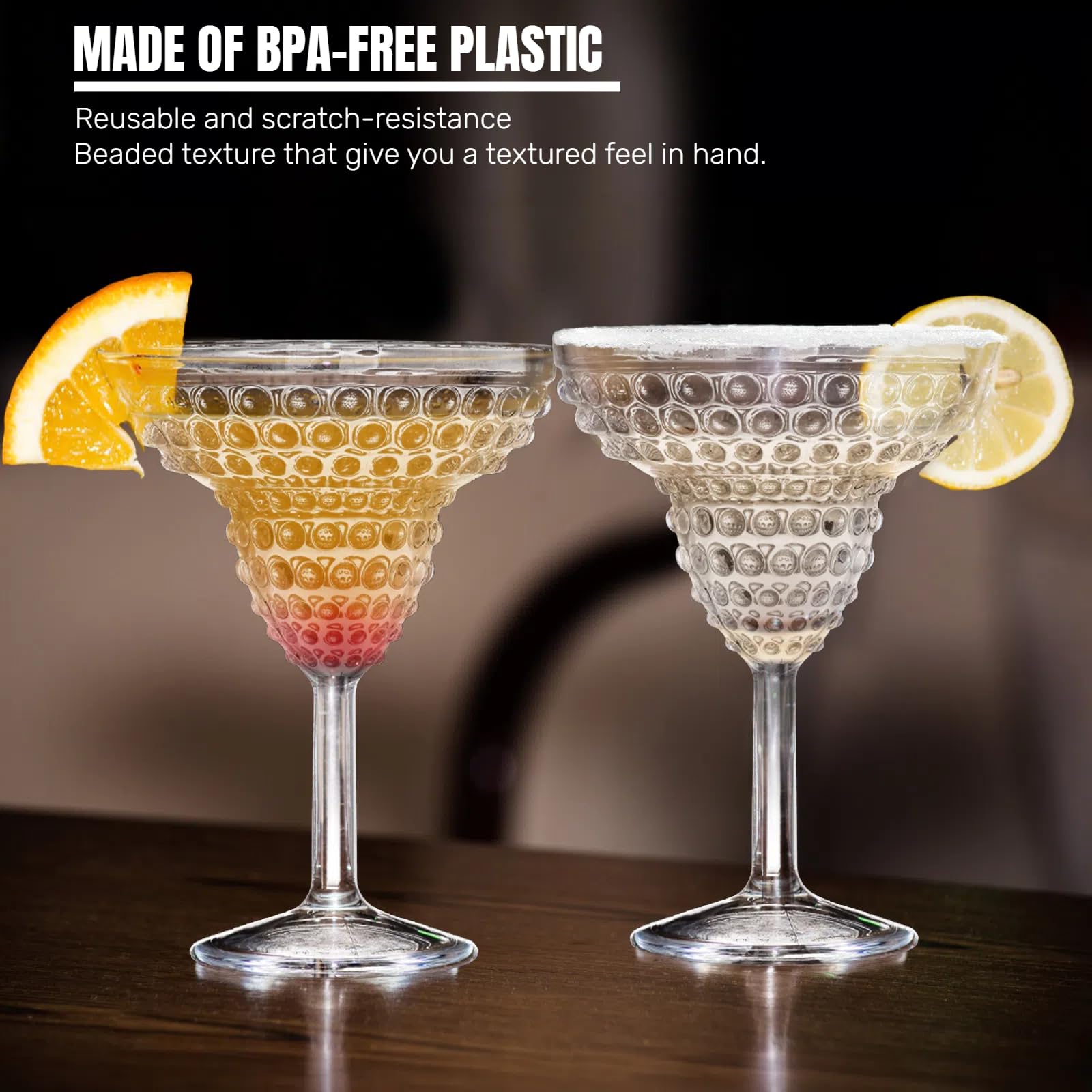 ZOOFOX Lot de 6 verres à margarita en plastique à pied de 325 ml, verres à margarita réutilisables et incassables, verres de bar uniques pour martini, daiquiri glacé, fêtes d'été tropicales