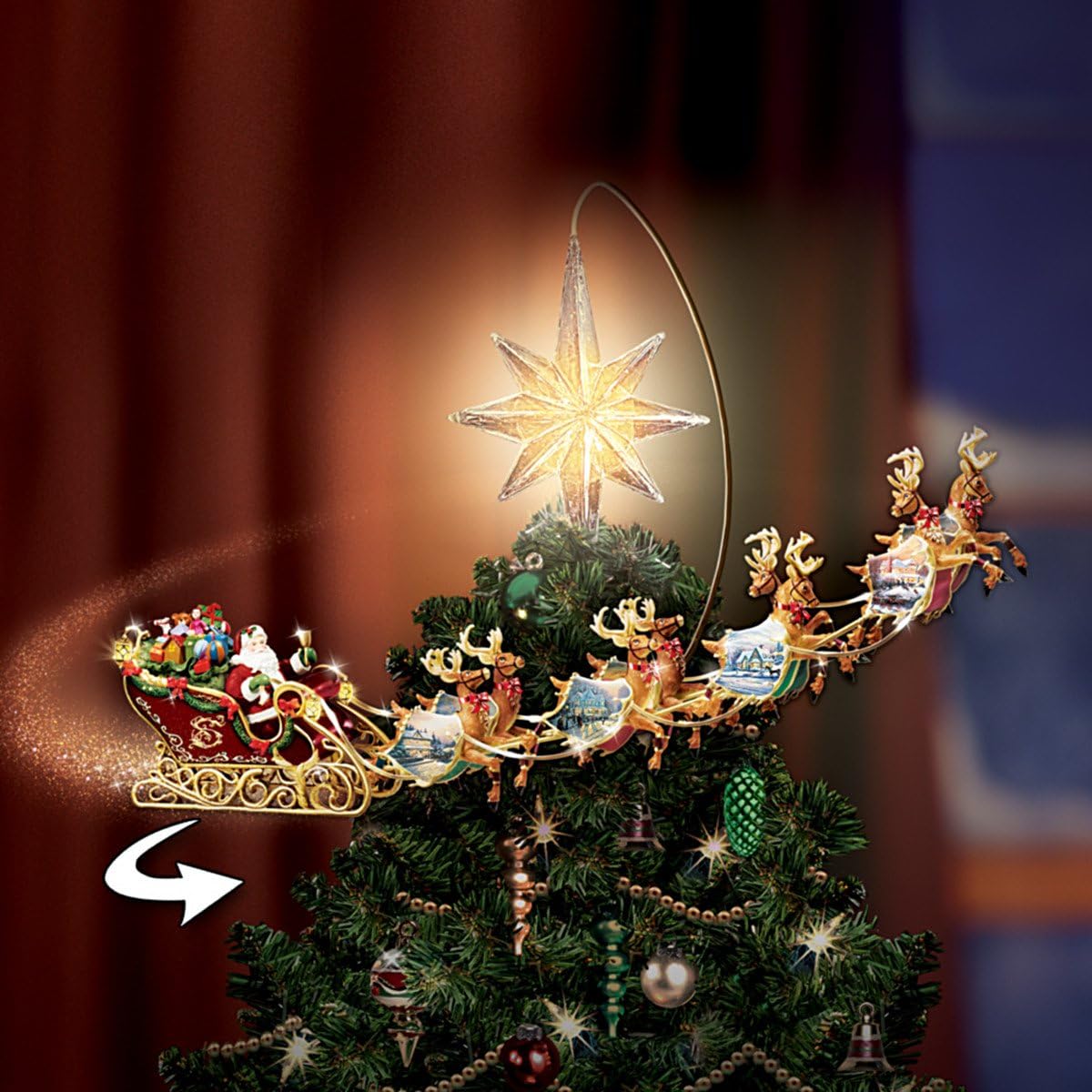 Thomas Kinkade Holidays in Motion Rotating Illuminated Tree Topper Animated Christmas Decor by The Bradford Editions