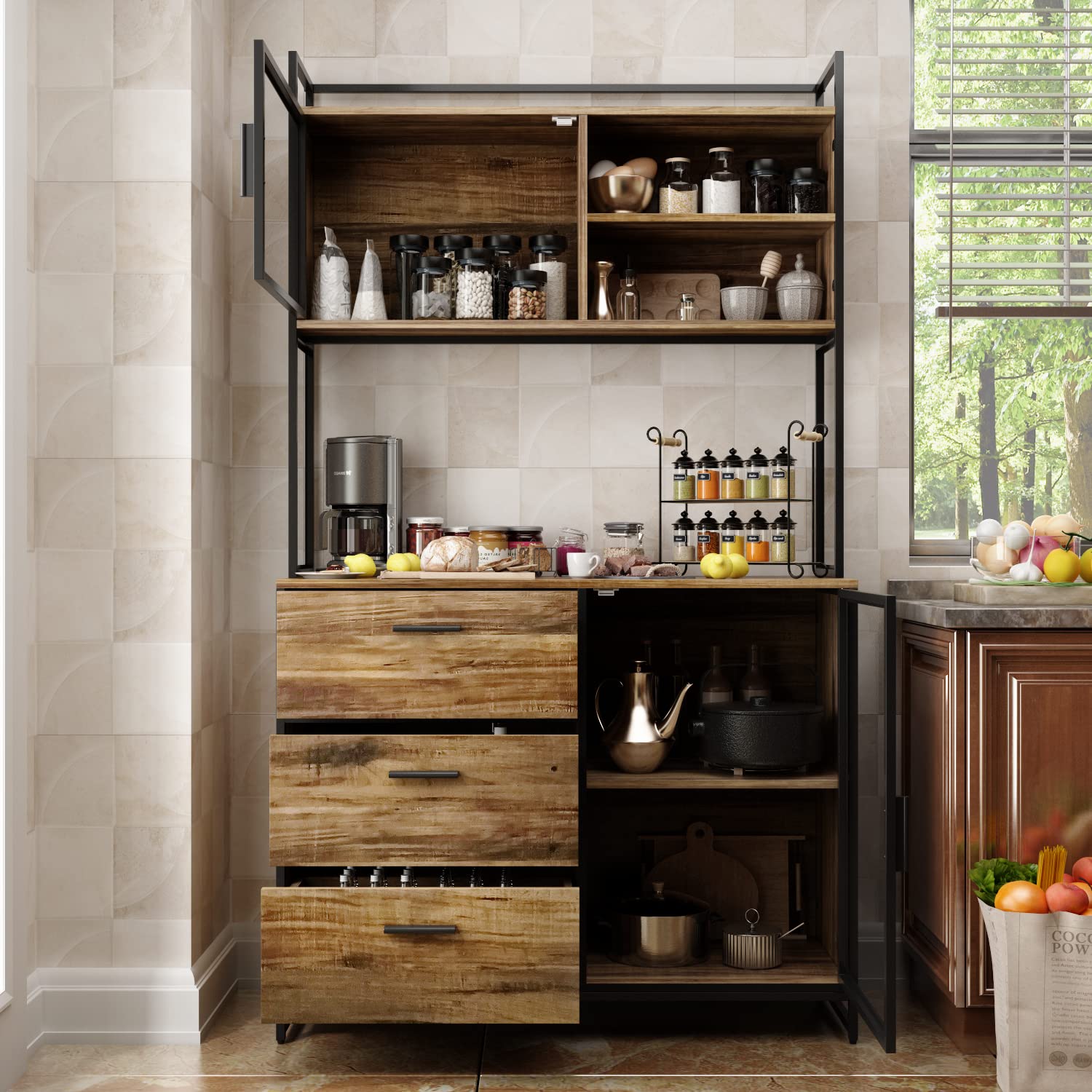 Buffet de Cuisine Industriel 100cm – Armoire Haute 175cm avec 3 Tiroirs, Porte Vitrée & Étagères Ouvertes – Meuble Métal-Bois pour Cuisine & Salle à Manger, 100×175×40cm