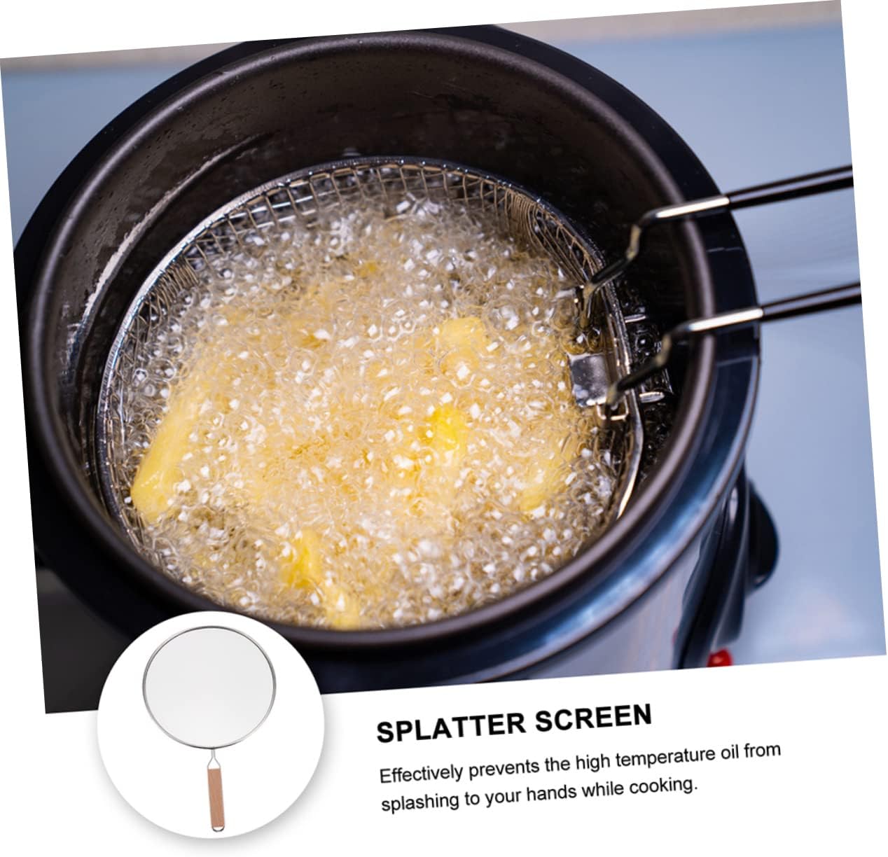 Stainless Steel Splatter Screen Wooden Long Handle Oil-Splash Guard for Frying Pans Kitchen Cooking Lid Heat-Resistant Easy to Use