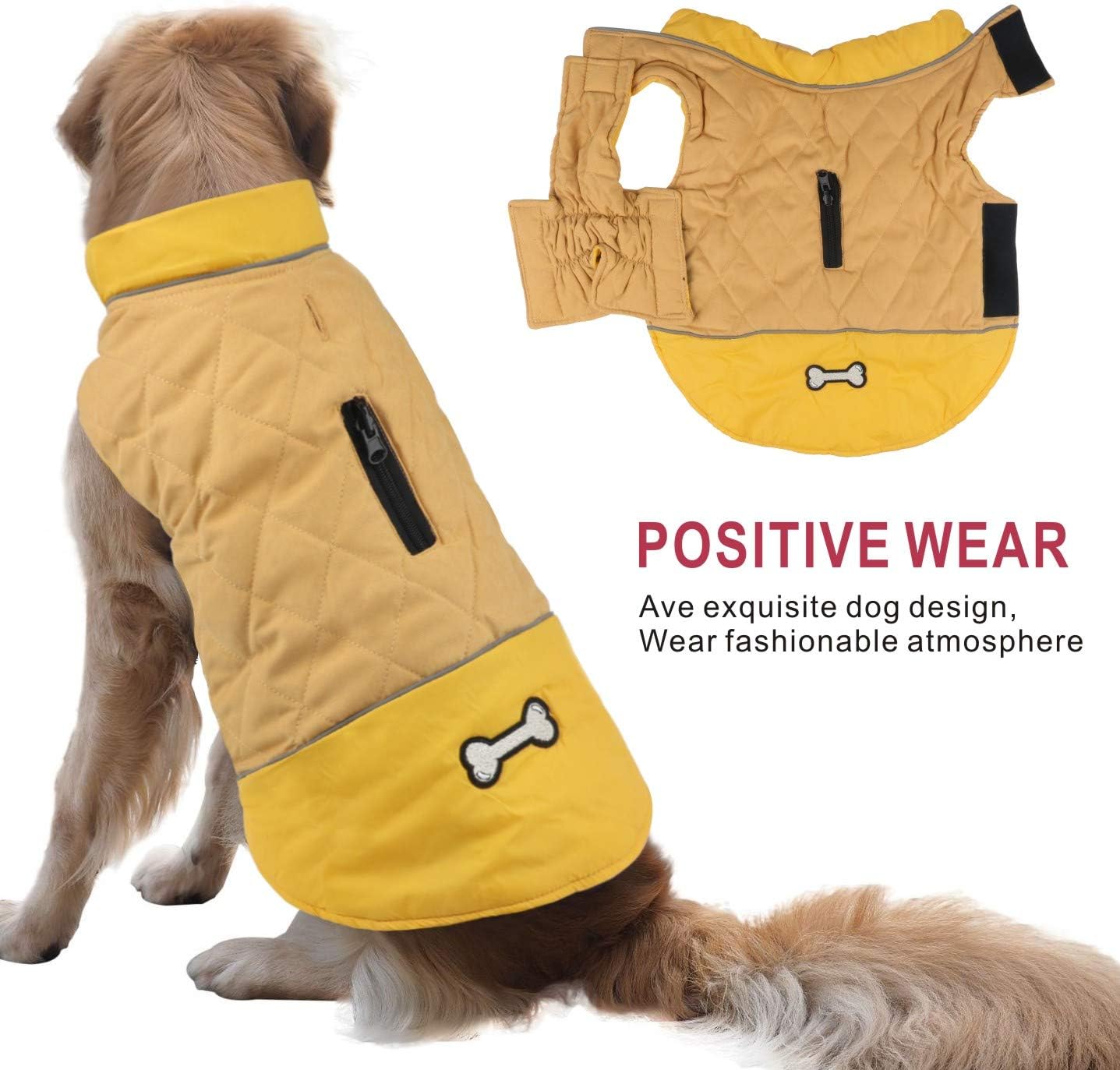 Idepet Waterproof Dog Coat Winter Warm Jacket Vest,Windproof Snowsuit Dog Clothes Outfit Vest Pets Apparel for Small Medium Large Dogs with Harness Hole Yellow 2XL - Image 4