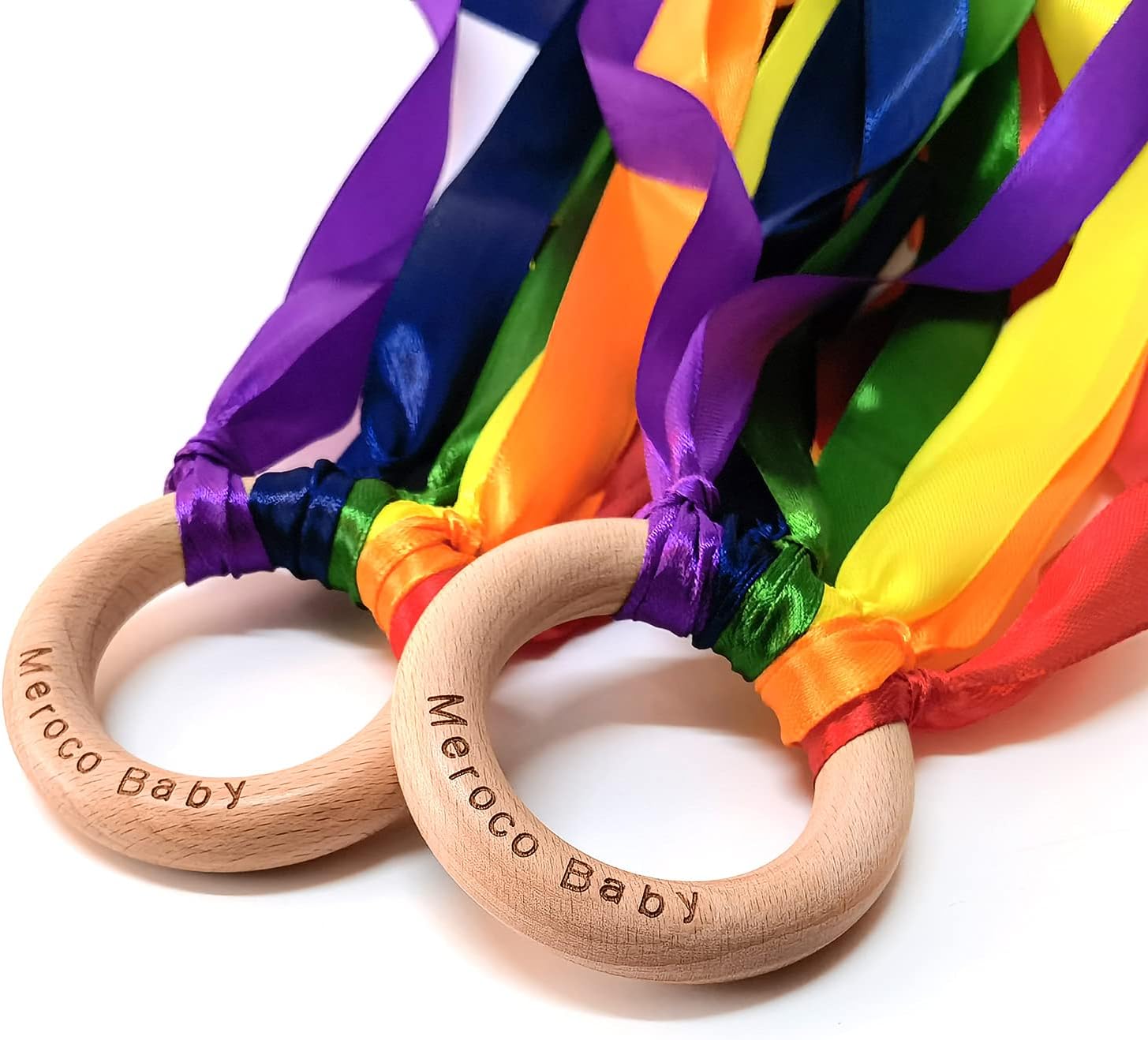 MEROCO Wood Ring Ribbon Rainbow Streamers Hand Kite Beach Activities for Kids Dance Props 2pcs