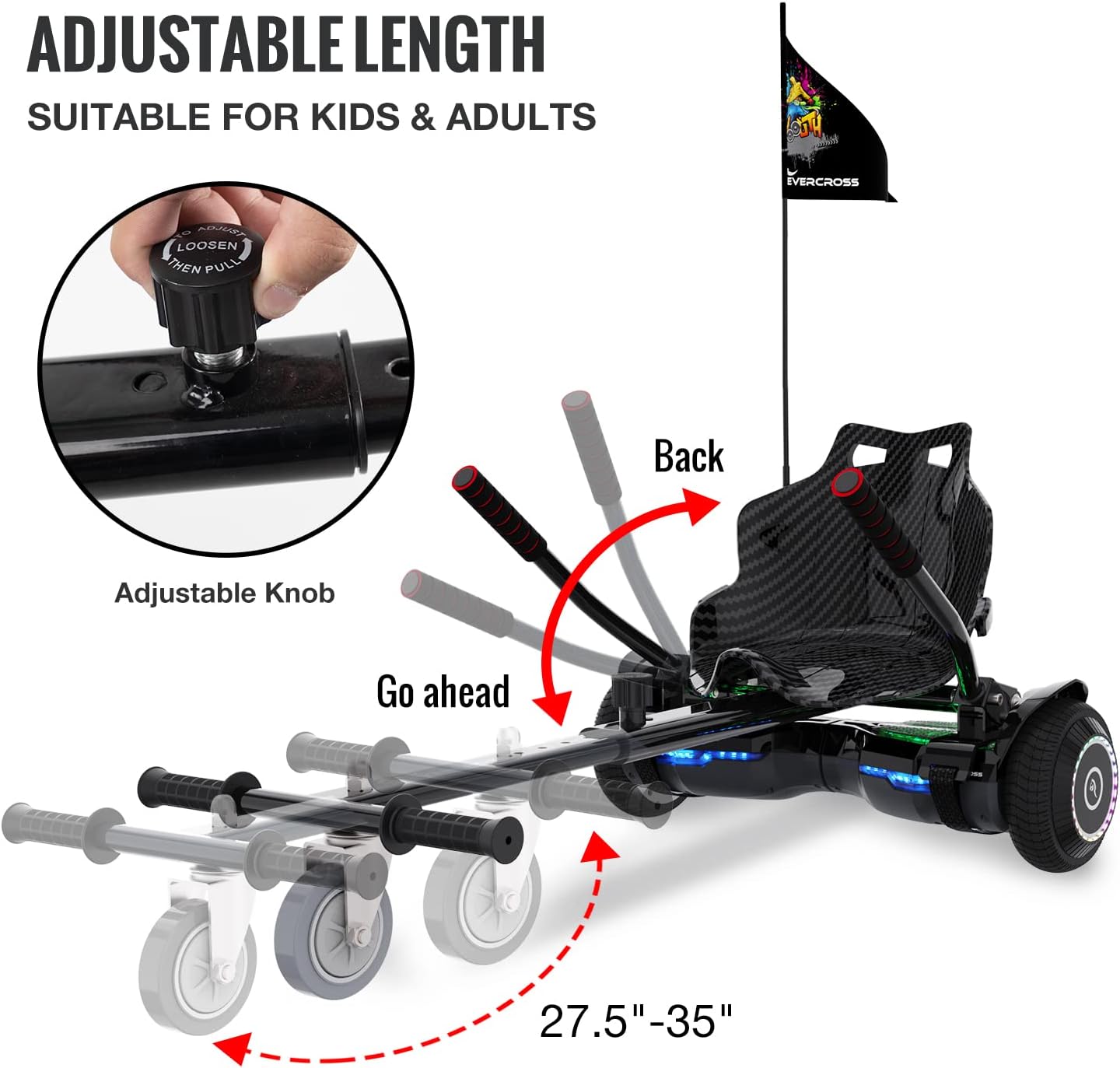 Adjustable length of hoverboard seat attachment