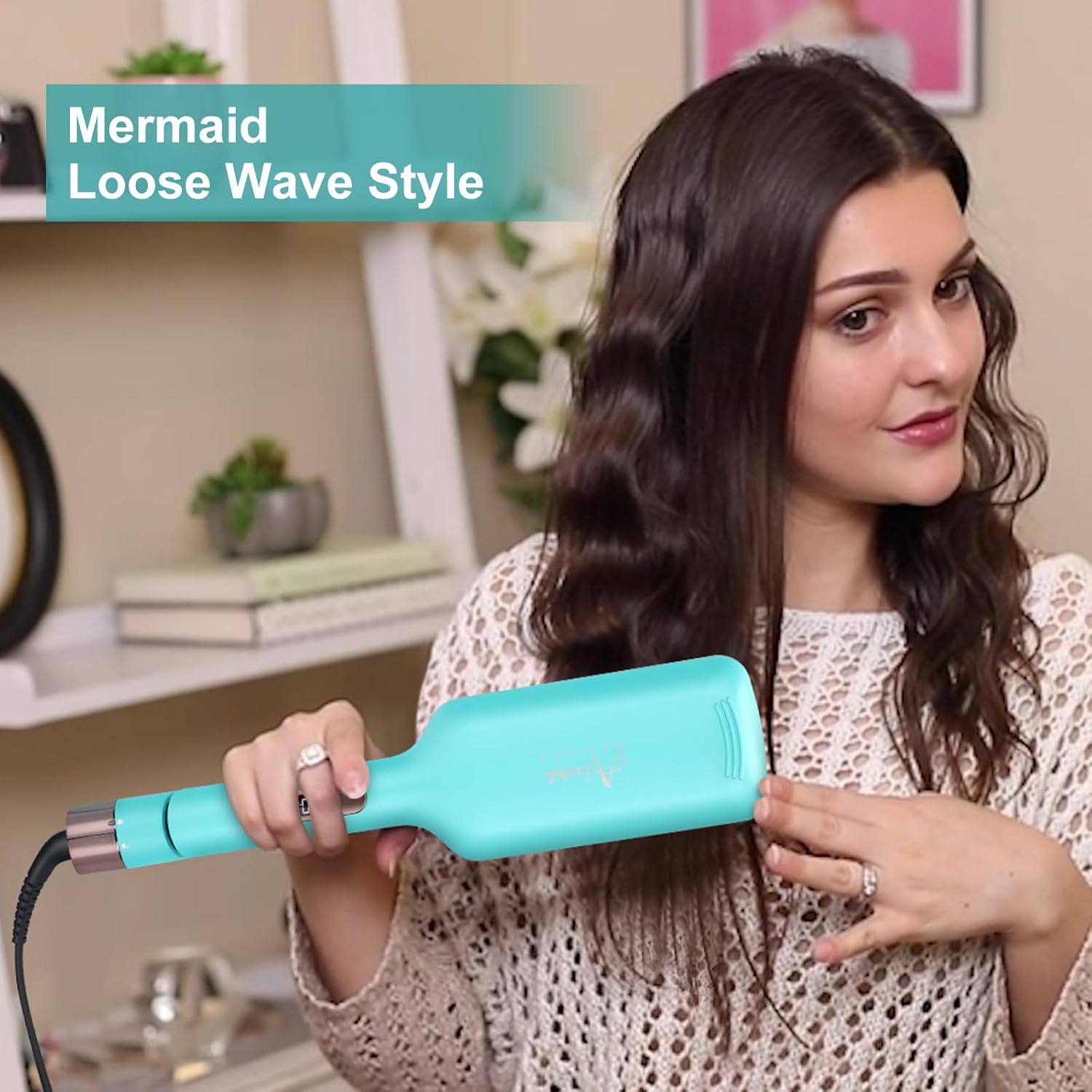 32mm (1.25") Aima Beauty Twins Mermaid Waves Hair Waver, Anti-Scald 2 Barrel Curling Iron, Hair Crimper, Ionic Care Wave Iron 15S Heats Up for Short/Medium/Long Hair Light Green