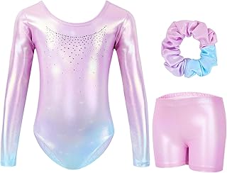Maillot de gimnasia de tres piezas, de manga larga, con pantalones cortos y cinta para el pelo, para ballet, con colores degradados, para niñas de 3 a 12 años