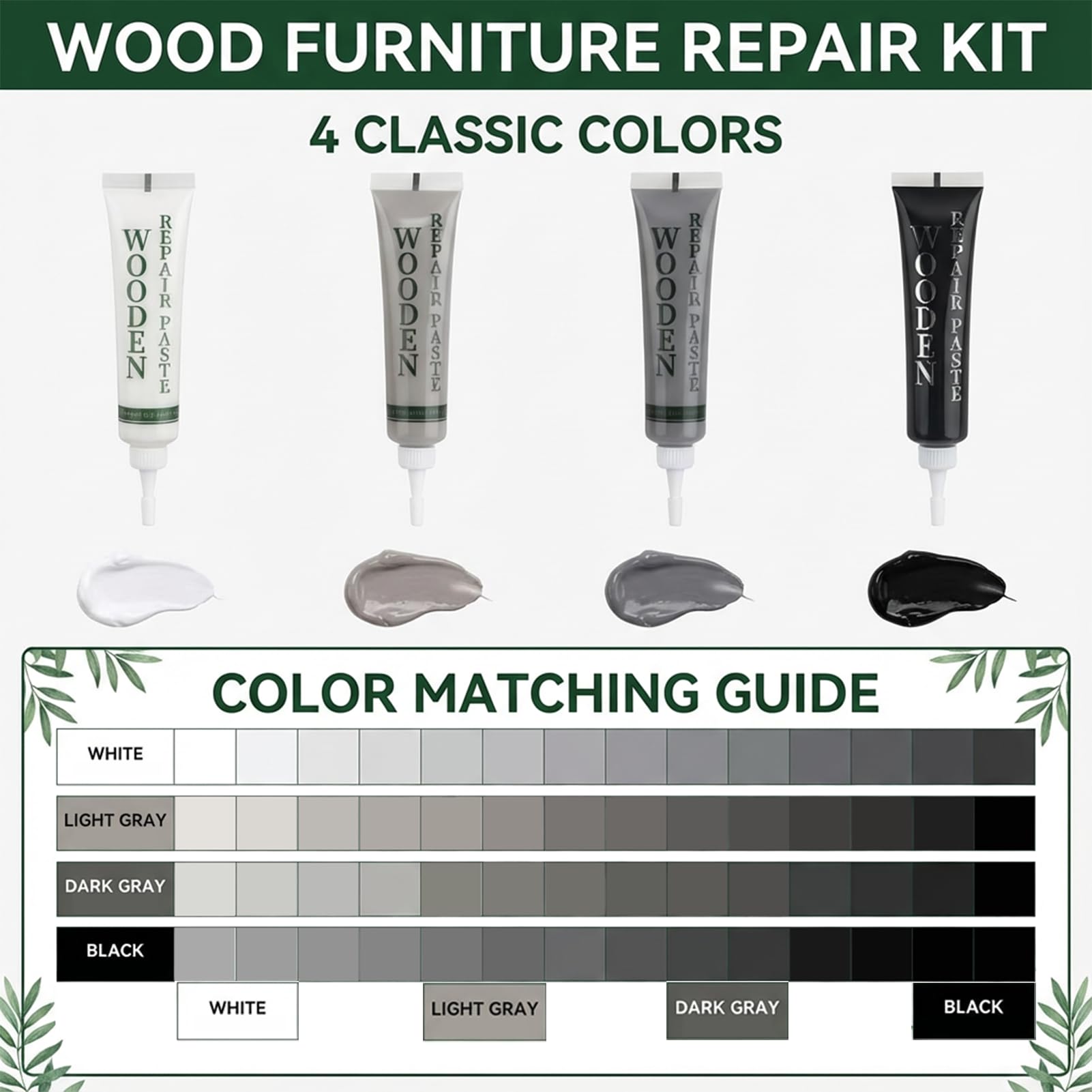 Kit di riparazione per mobili in legno, riempitivo per ritocchi nero, grigio chiaro, grigio scuro, bianco, kit di riparazione per pavimenti in laminato di rovere per graffi, crepe, buchi e macchie