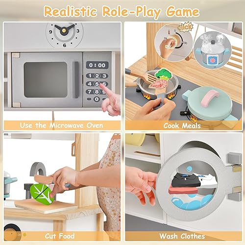 Miniatura 3 de HONEY JOY Juego de cocina para niños, cocina de madera para niños pequeños, microondas, lavadora, fregadero, 15 accesorios de cocina, juego de
