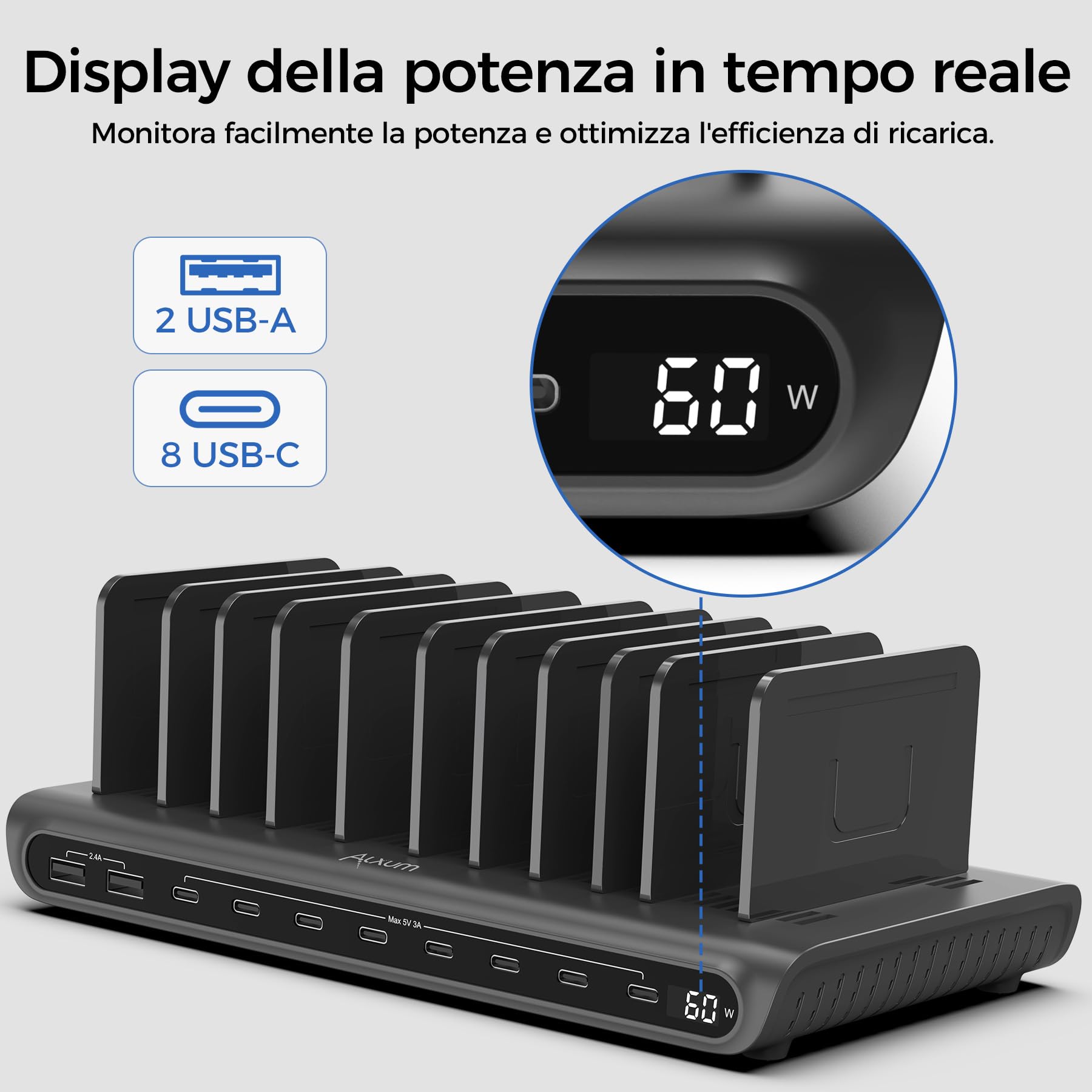Alxum Stazione di Ricarica USB 10 Porte 60W, Multi Caricatore USB con Display LED, 8×USB-C e 2×USB-A, Smart Charging Station per iPhone, iPad, Phone, Tablet, Android, Ideale per Casa, Ufficio e Scuole