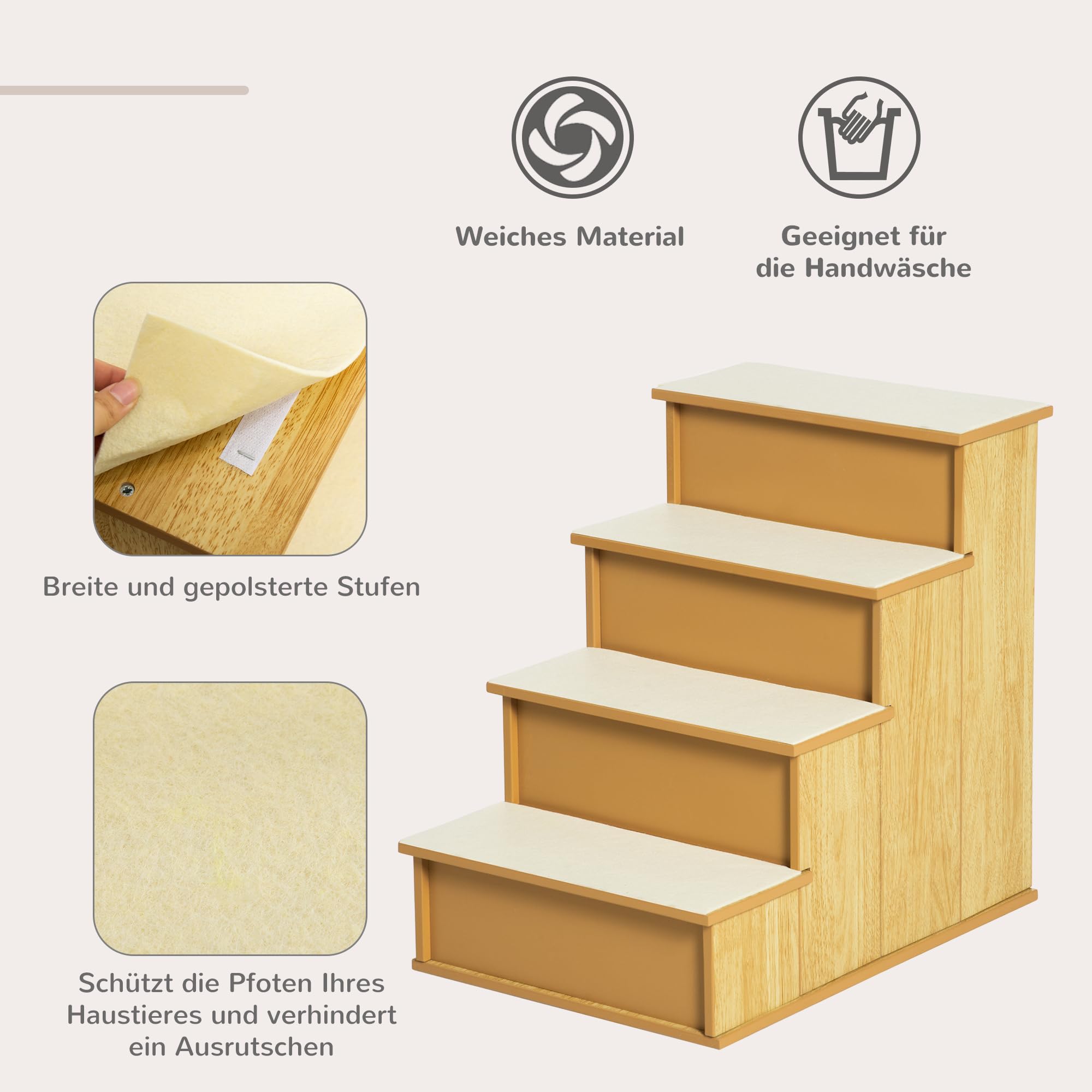 PawHut Schody dla psa 4-stopniowe 40x59x54,2 cm Naturalny | drabinka dla zwierząt, mata antypoślizgowa, pomoc przy wchodzeniu, do auta, łóżka, sofy