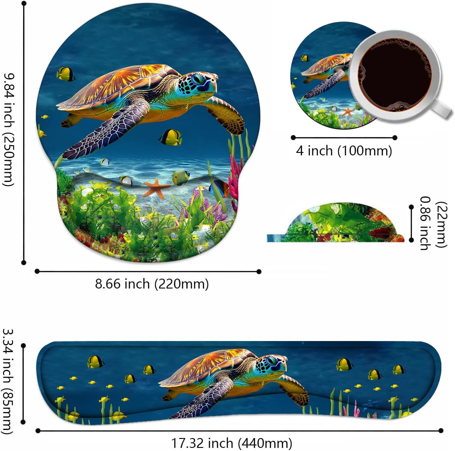 Keyboard Wrist Rest + Mouse Pad Wrist Support Set with Coasters, Non-Slip PU Base Ergonomic Mousepad for Home Office Working Studying Easy Typing & Pain Relief, Sea Turtle