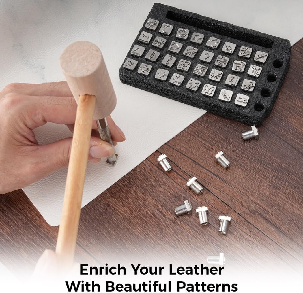 Generic Leather Craft Stamping Tools Set, With 2 Stamping Handles, 32 Insects Patterns Stamps, 10 Numbers Stamps, 26 Metal Letters Alphabet, Leather Punching Tools For Leather Belt Diy