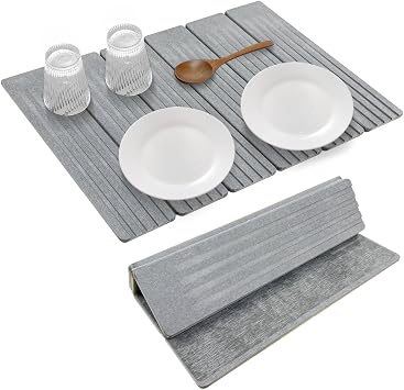Large Stone Dish Drying Mat for Kitchen Counter, 23" 15" Quick Dry Stone Mat, Collapsible Fast Absorbing Diatomaceous Earth Non-Slip Dish Drying Pad for Dishes & Cups Medium Gray, 23" 15"