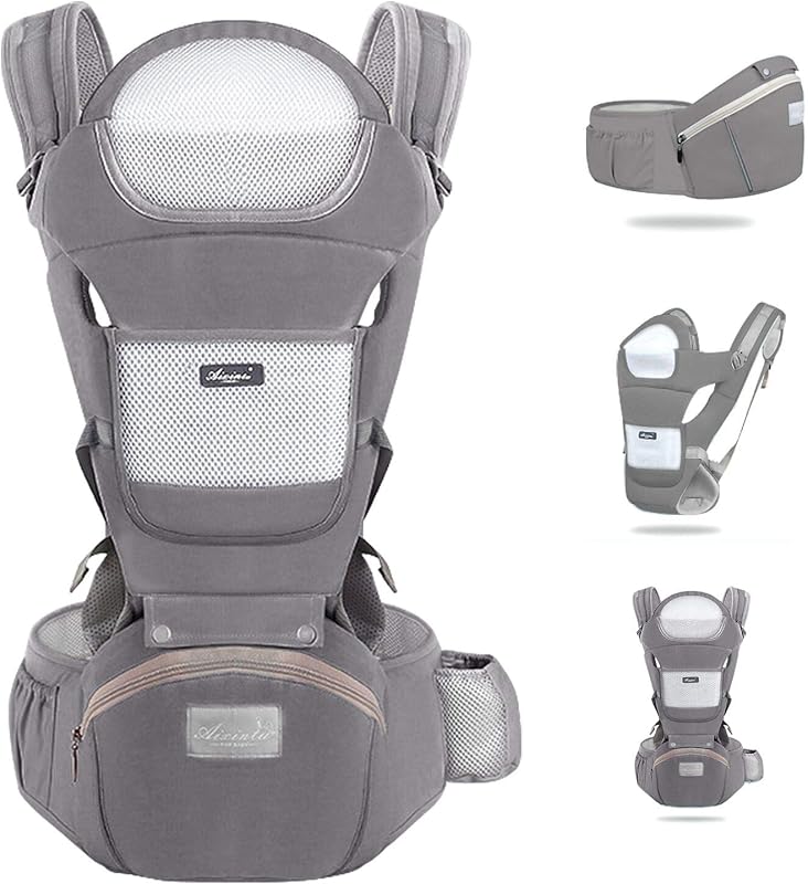 YIKANWEN Marsupio Neonato 0-36 mesi [Scopri di Più Sull'utilizzo] Marsupio Neonato Ergonomico a 25kg, Fascia Neonato con Sedile Multiposizione, Poggia Testa e Cappuccio, Cotone Traspirante, Grigio