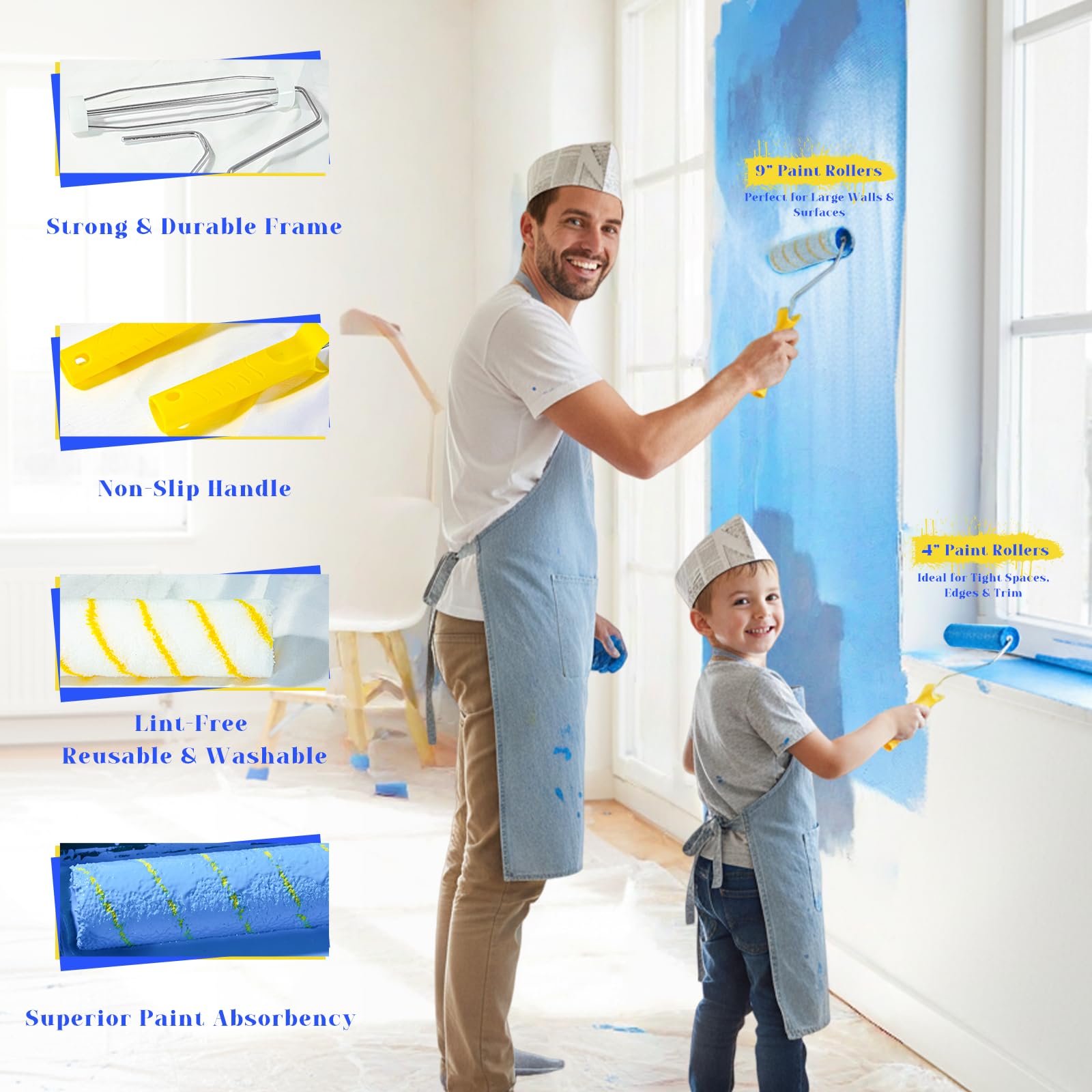 Set di 18 rulli per pittura con asta di estensione, kit di decorazione per la casa, rulli e vassoio con pennelli, set di rulli per dipingere pareti, soffitti, porte