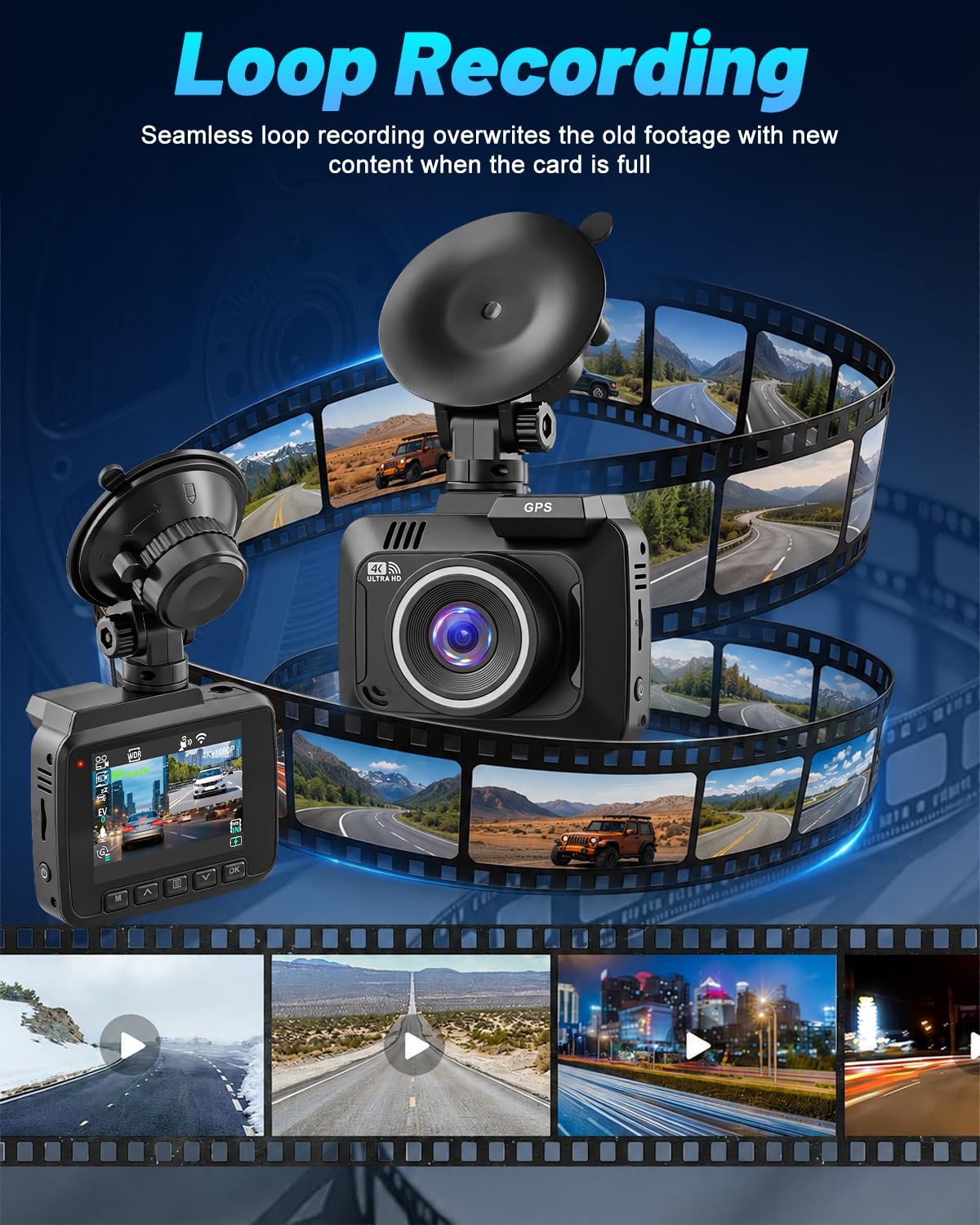 NHOPEEW Dashcam 4K para Coche con WiFi, GPS y G-Sensor | Cámara Trasera 1080P, Grabación en Bucle, Visión Nocturna, Monitor de Aparcamiento 24H, Pantalla de 2,4"