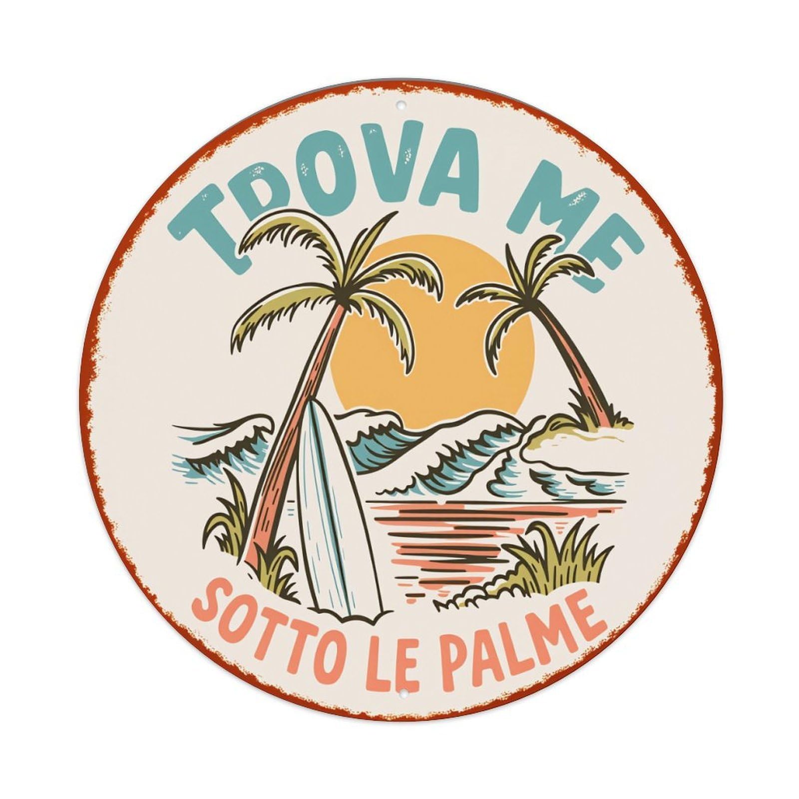 Tropical Palm Sunset Surf Waves Vintage Metal Tin Sign Retro Wall Decor for Home Bar Garage Cafe, Indoor & Outdoor Decorative，circle Metal Poster, 8x8 Inch