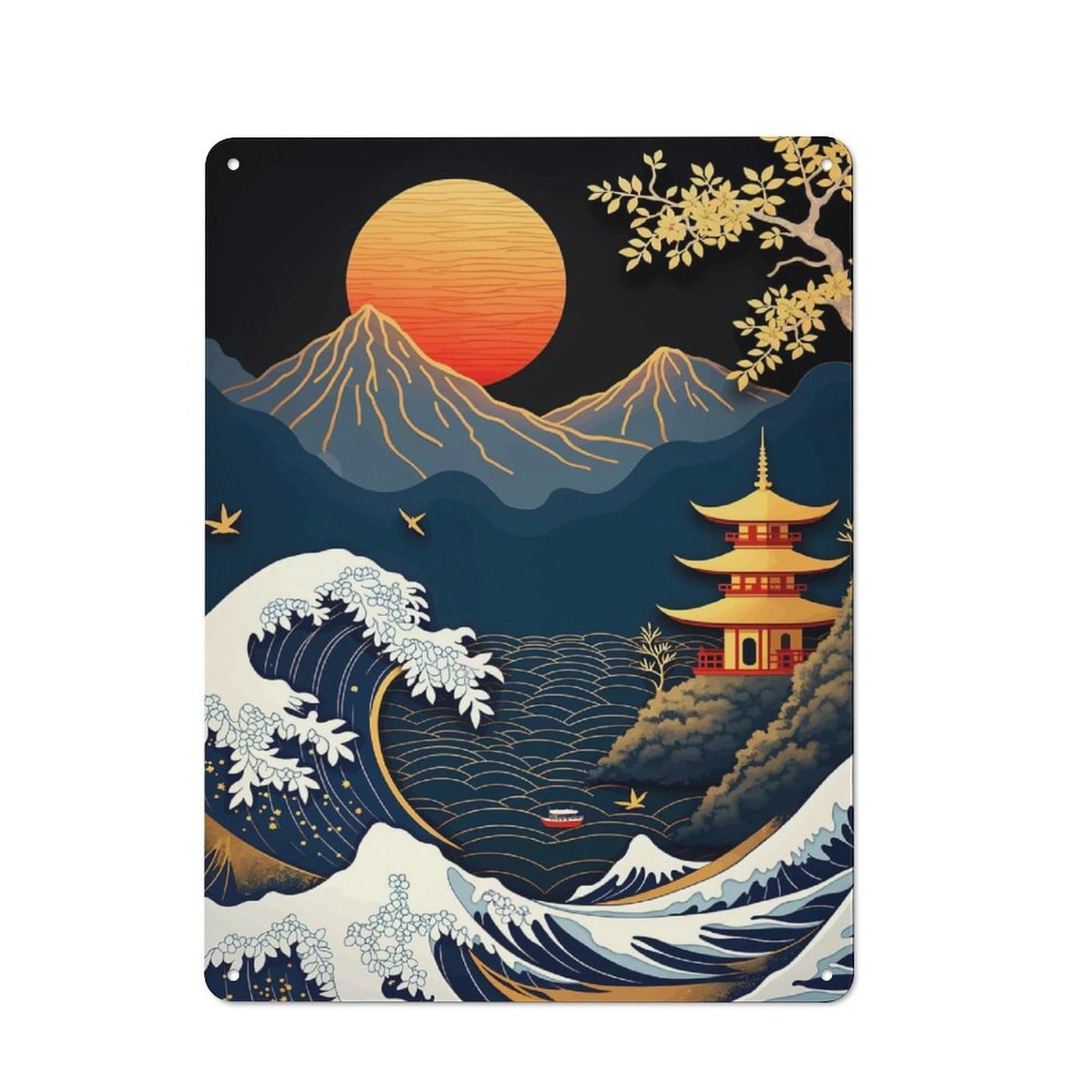Junmoney Japanese Wave And Pagoda Retro Tin Sign 40X30cm For Workshop Wall, For Home Interiors And Metal Sign Collectors