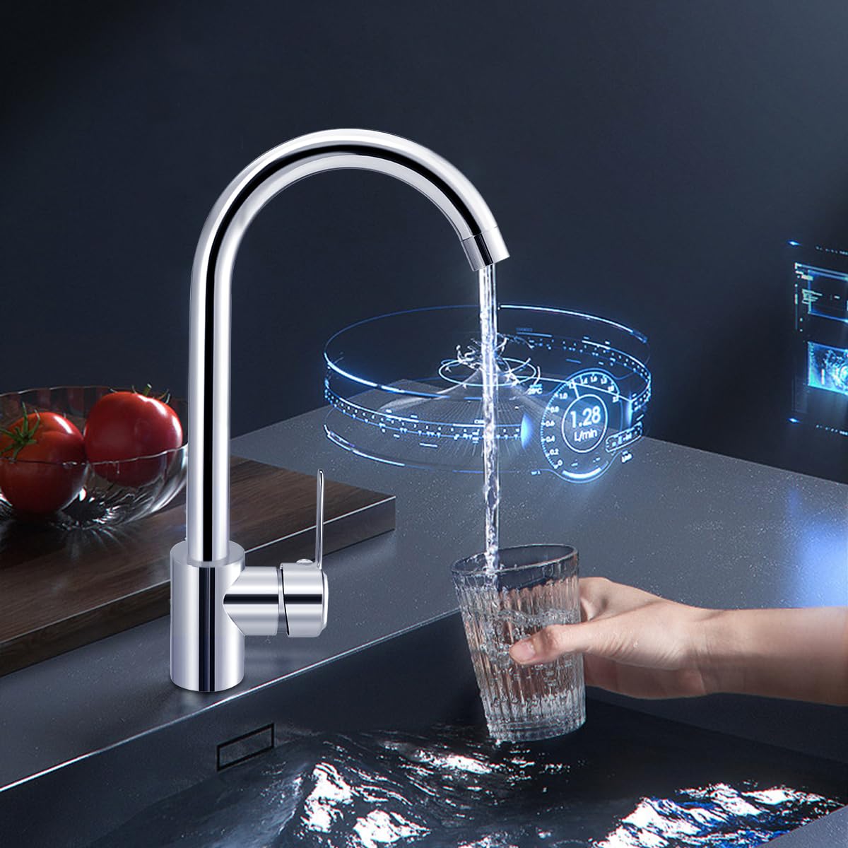 Hanstore Kitchen Sink Mixer Tap with Hoses, Modern Stainless Steel 360° Monobloc Single Lever Swivel Spout - Image 3