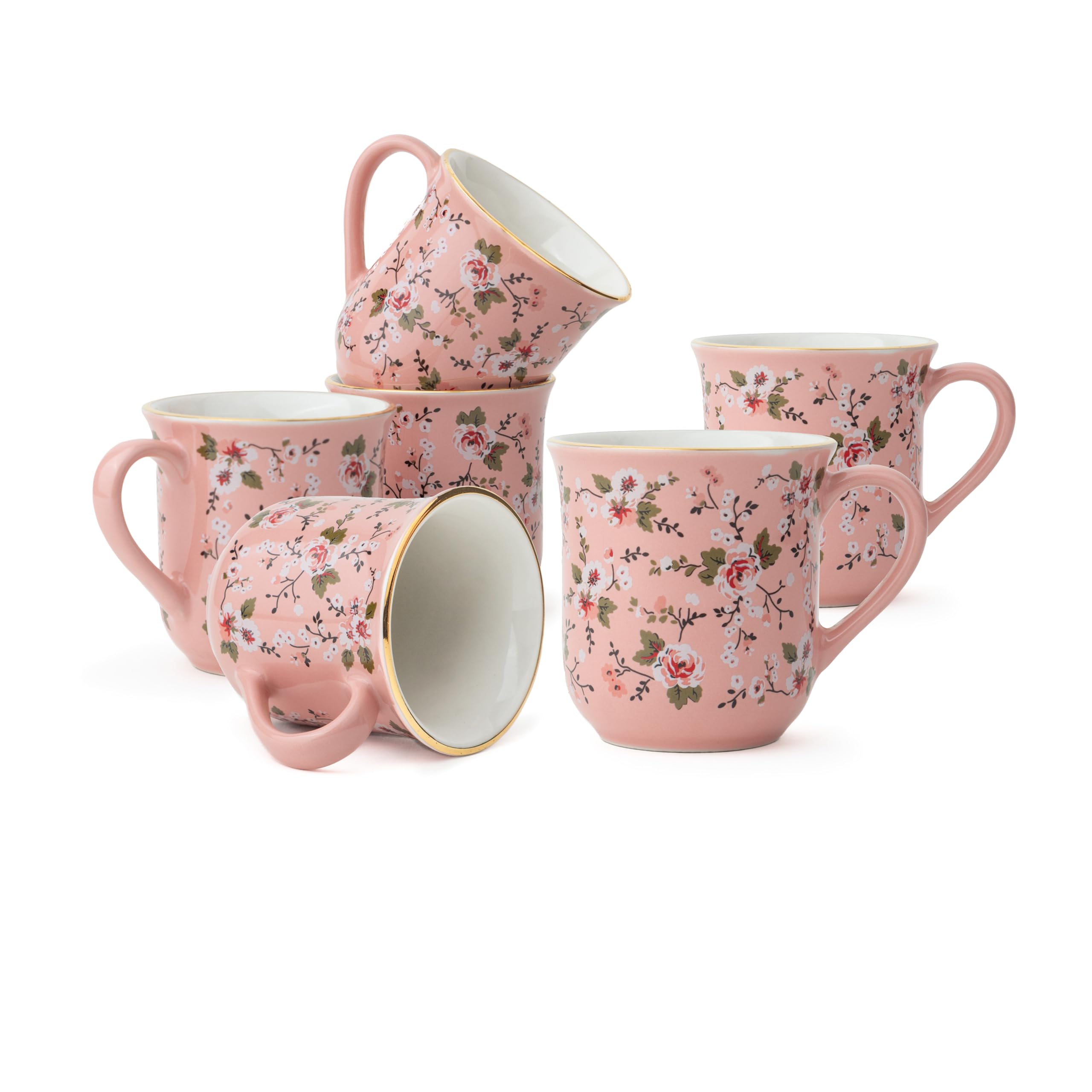 Shay Ceramic Tea Cups Set of 6, Pink Floral,180ml | Tea Cup Set of 6 | Glossy Finish | Premium Stoneware | Tea Set | Ceramic Tea Cup | Small Cups for Tea (Floral Tea Cups - Pink)