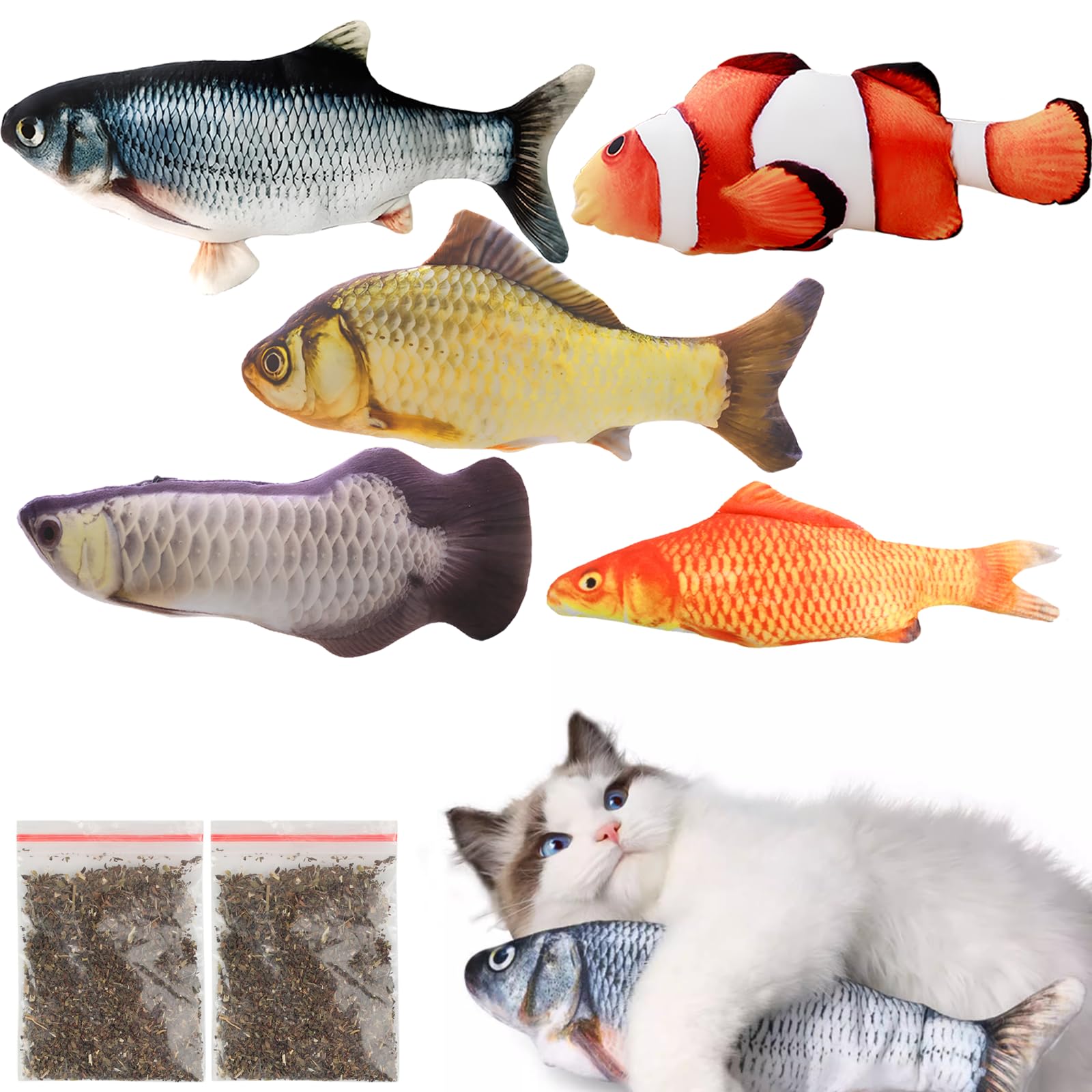 Cozlly 5 Stück Katzenspielzeug Fisch mit Katzenminze, 20CM Plüsch Fischspielzeug, Katzenminze Kissen, Spielzeug Katze, Katze Interaktive Spielzeug für Haustiere (B)