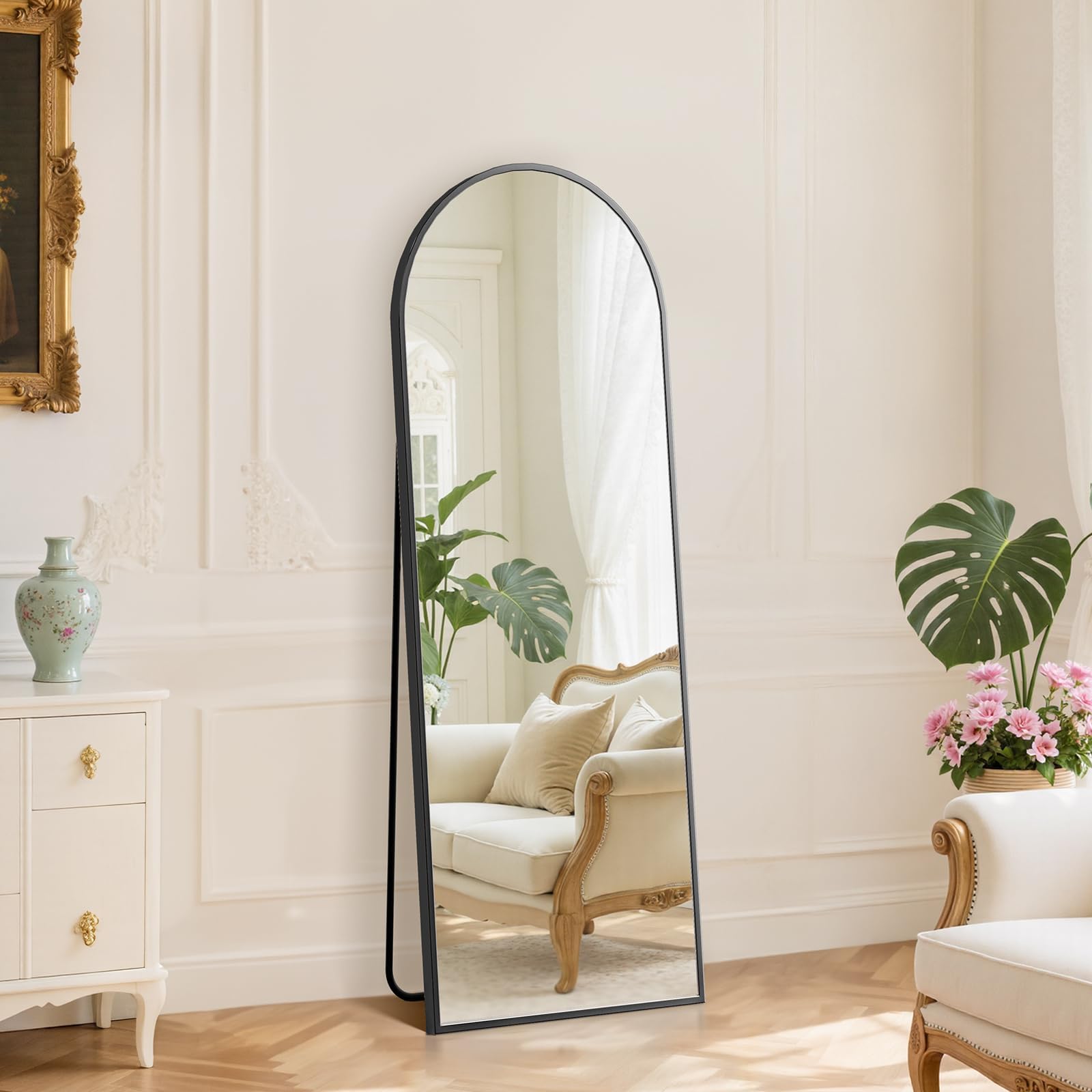 DUMOS 59"x16" Arched Full Length Mirror with Stand, Full Body Floor Mirror | Free Standing or Wall Mount, Nano Glass Aluminum Frame, Hanging or Leaning, Modern Simple Home Decor, Black