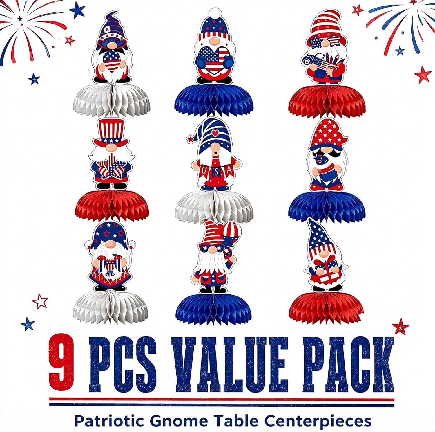 4th of July & Memorial Day Decorations,Gnomes Patriotic Honeycomb Centerpiece Independence，Elves Memorial Day Decorations American Independence Day Gifts image 2