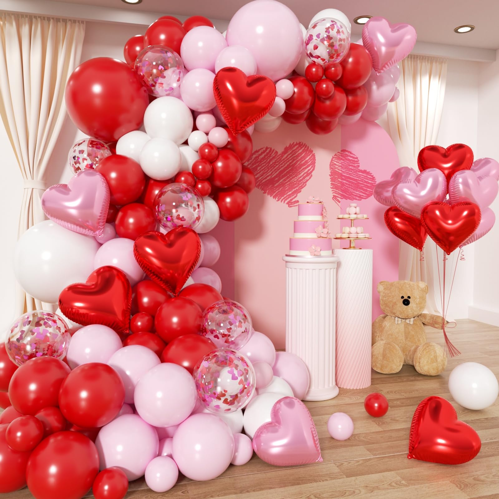 Valentine's Day Balloon Arch Kit - 153Pcs Pink and Red Heart Foil Balloon Red and Pink White Balloons Garland Kit for Valentines Day Galentine's Day Anniversary Wedding Party Decorations