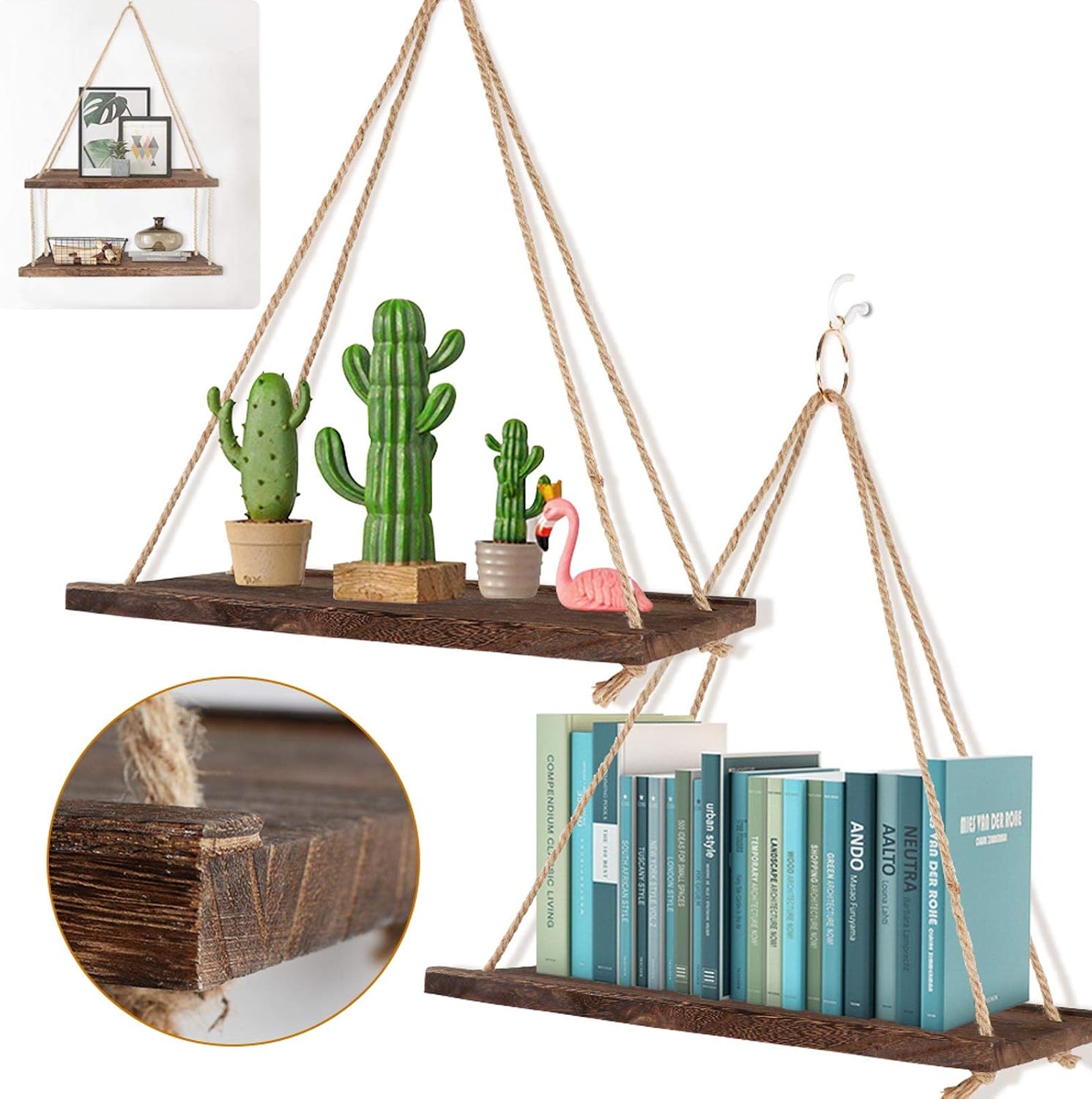 OurWarm Hanging Shelves, Farmhouse Hanging Wall Shelves, 3 Stlye Hanging Ways Floating Shelf with Rope, Wood Hanging Plant Shelf for Bedroom, Bathroom, Living Room, Rustic Wall Decor Shelf, Set of 2