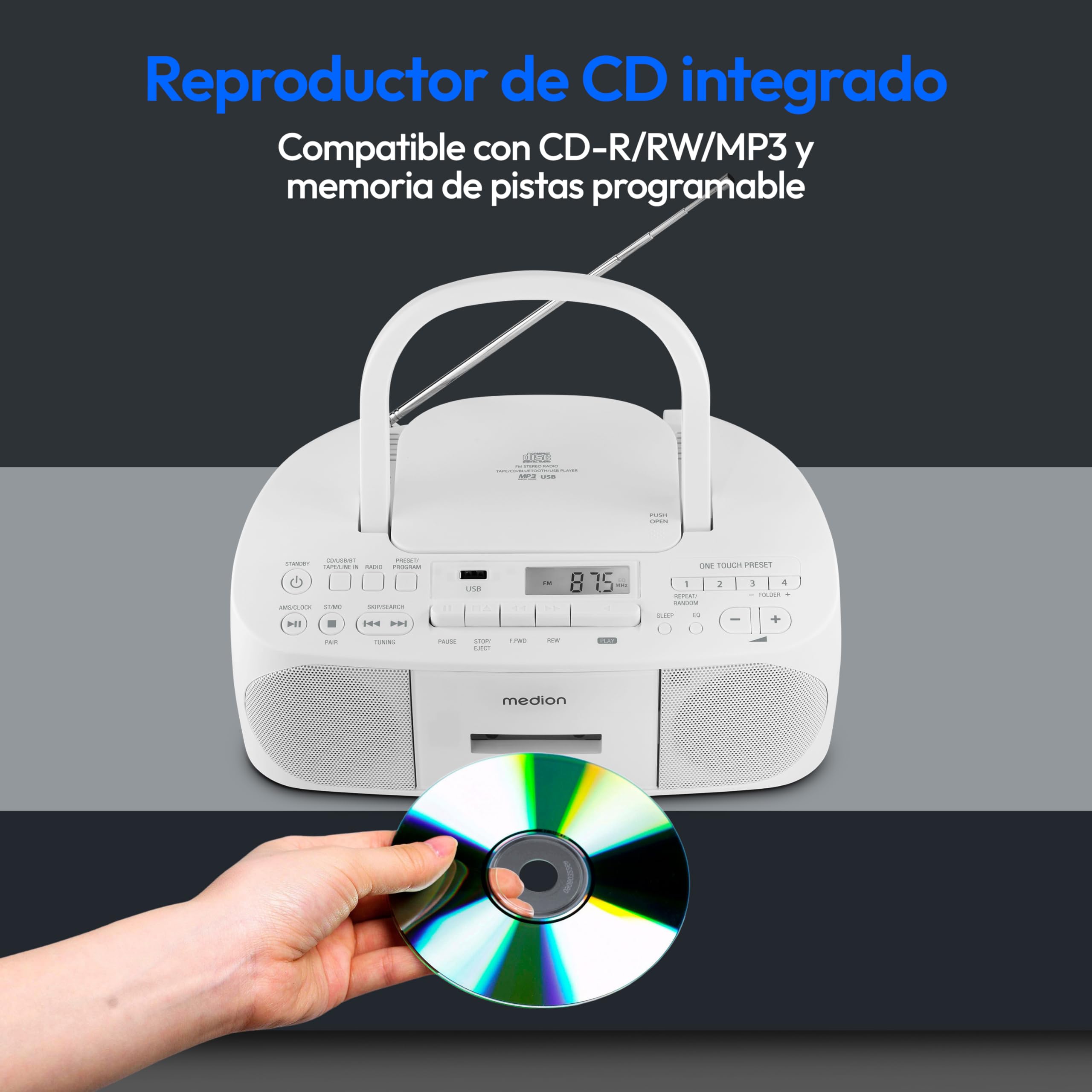 MEDION E65010 Radio estéreo (Reproductor de CD, Casete, conexión USB, Entrada de Audio AUX, reproducción de MP3, Radio FM PLL, Memoria de 40 emisoras, Funcionamiento con Pilas