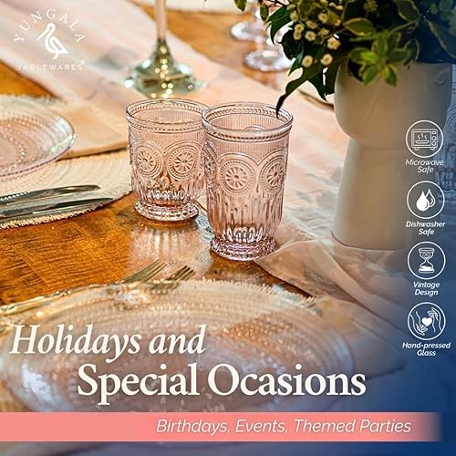 Miniatura 6 de Yungala Juego de 4 platos de cristal rosa de 10.5 pulgadas, platos vintage para Pascua con juegos de cristalería rosa a juego para mamá,