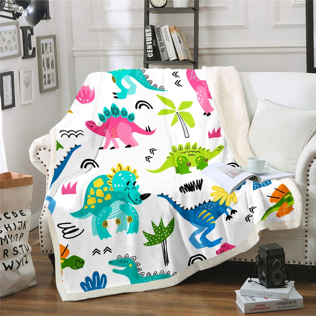 Loussiesd Kids Sherpa Blanket Cartoon Dinosaur for Sofa Bed Couch Colorful Dino Fleece Throw Blanket Jungle Animals Pattern Bedroom Decor Flannel Blanket King 87"*94" — image 1