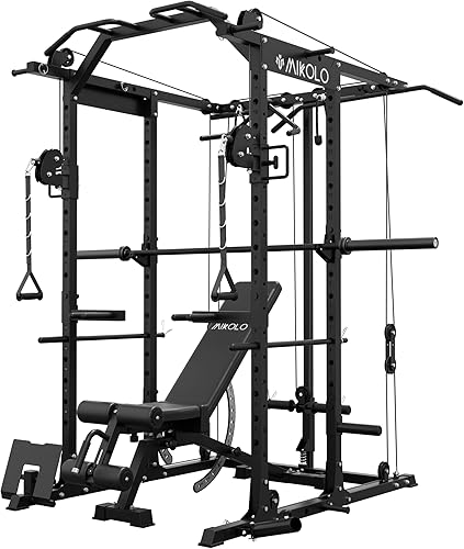 Miniatura 13 de Mikolo Jaula de Potencia, Rack de Potencia con Sistema de Cruce de Cables, 1500LBS Rack para Sentadillas con Sistema de Jalón LAT, Jaula de Rojo