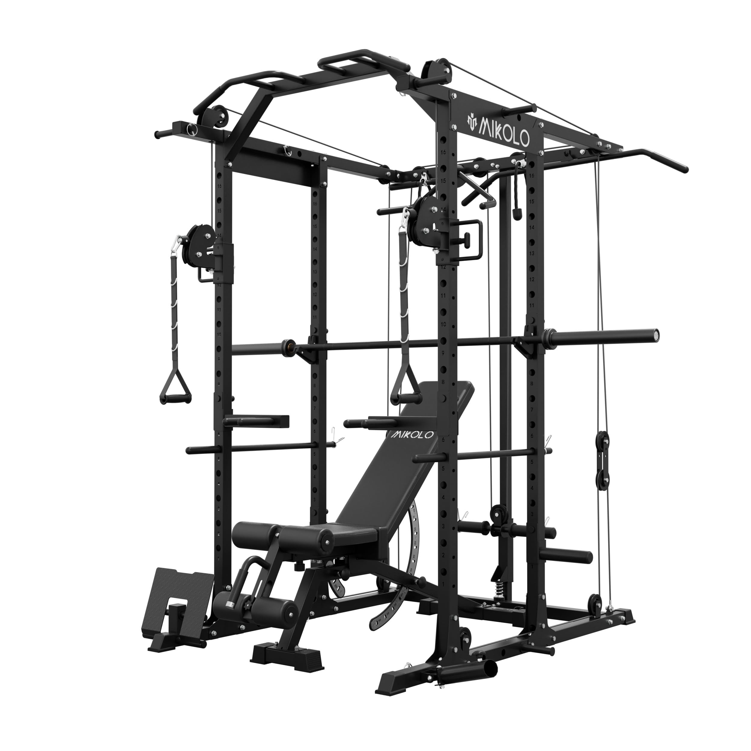 Mikolo Power Cage, Power Rack with Cable Crossover System, 1500LBS Squat Rack with LAT Pull Down System, Workout Cage with Pulley System for Fitness