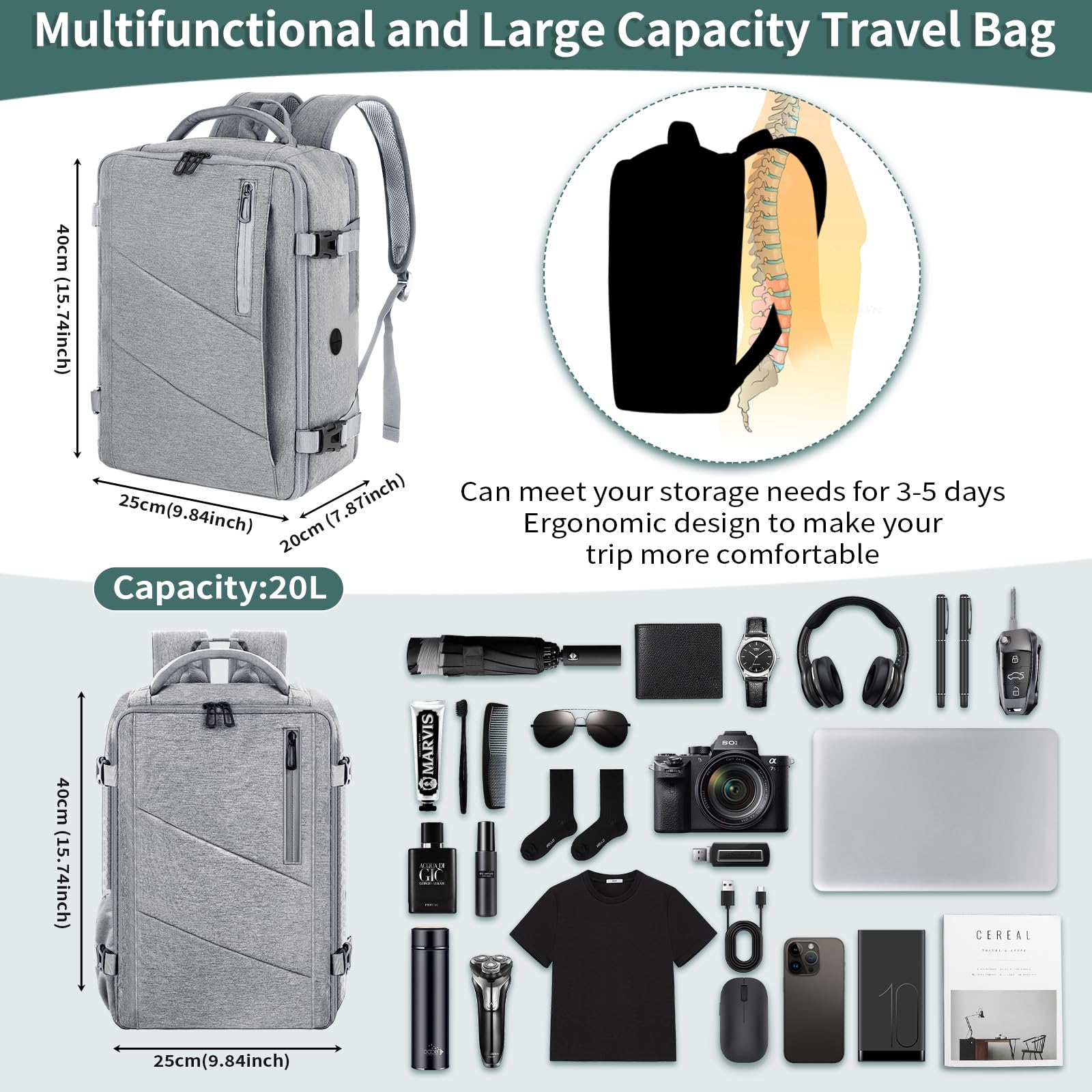 VOESLD Zaino per Ryanair 40x20x25, Zaino da Viaggio Aereo Bagaglio a Mano Grigio Chiaro Zaini Porta PC Donna Uomo Zaini Bagaglio a Mano per Tutte le Principali Compagnie Aeree